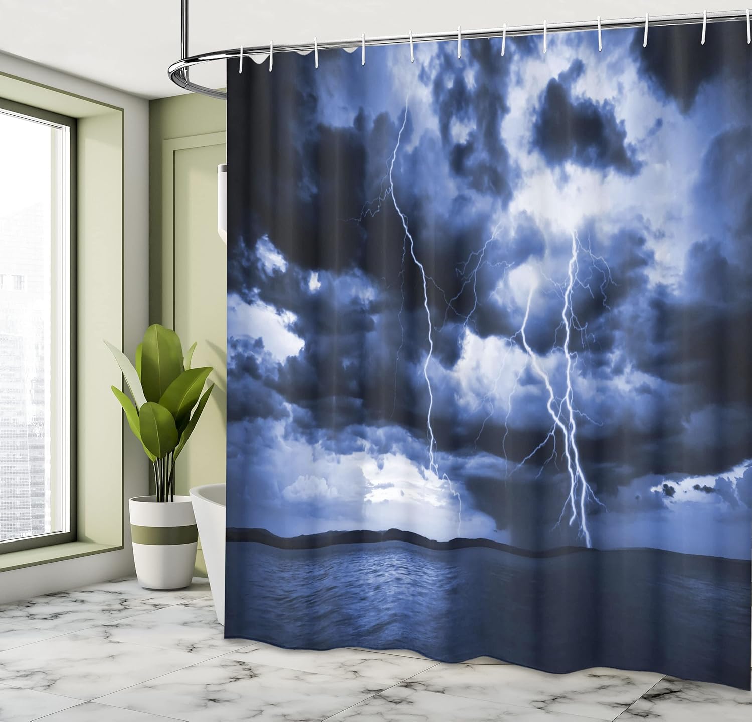 Ambesonne Nature Shower Curtain, Majestic Sky View with Huge Rain Clouds All Over The Sea and Vibrant Storm Rays Print, Cloth Fabric Bathroom Decor Set with Hooks, 69" W x 70" L, Navy Blue