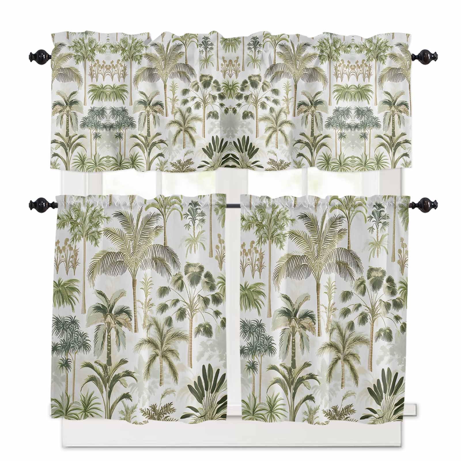 Green Palm Tree Tropical Kitchen Curtains 36 Inch Length, 3 Piece Rod Pocket Small Half Tiers and Valance Set, Beach Summer Botanical Small Large Window Treatment Decor for Bedroom/Bathroom Sink