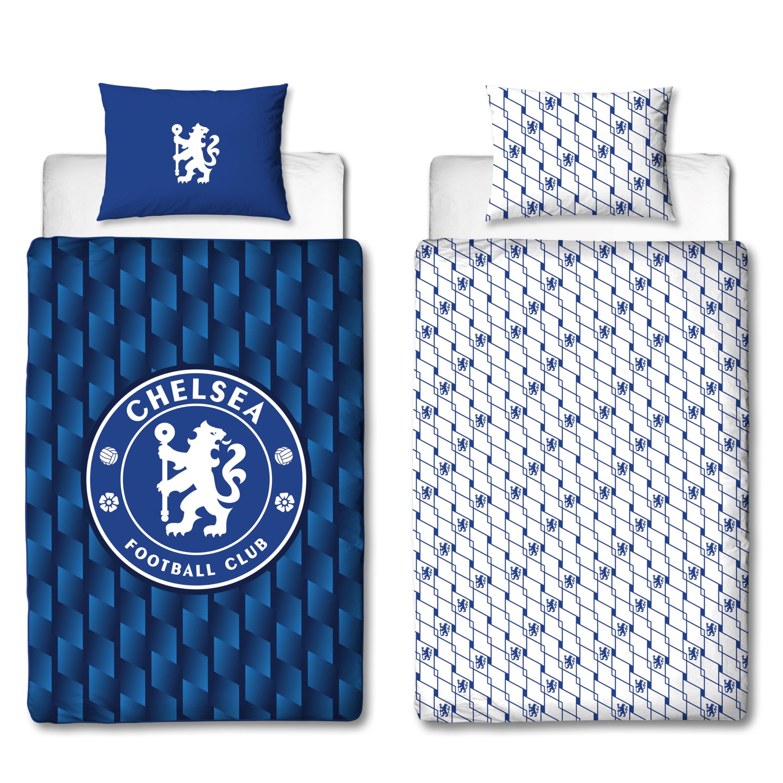 CHARACTER WORLD Chelsea FC Offizielles Einzelbettbezug-Set, geometrisches Design | Blau wendbarer 2-seitiger Fußballbettbezug offizielle Merchandise inklusive passendem Kissenbezug | Polycotton