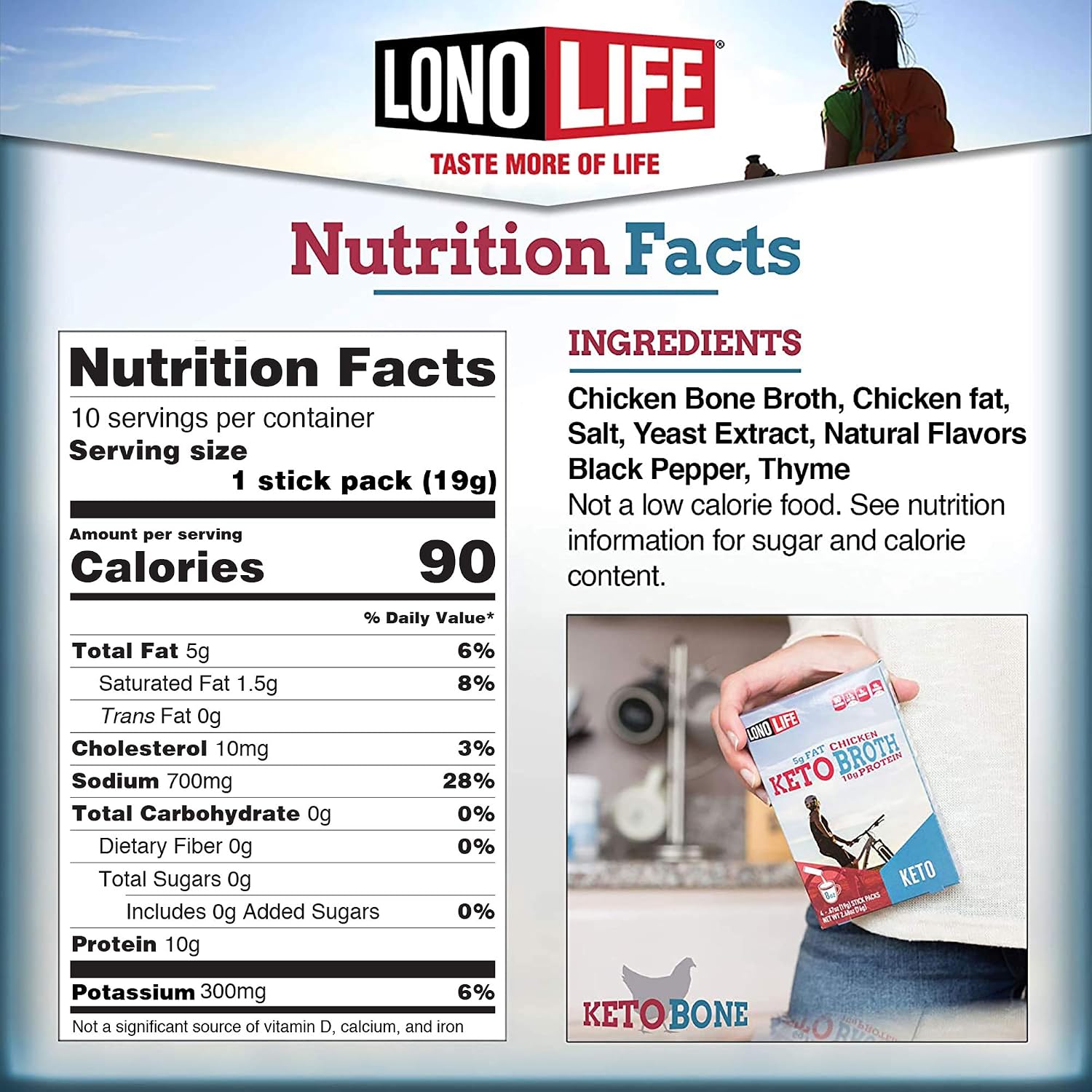 LonoLife - Keto Chicken Bone Broth Sticks - 8g Collagen Protein, 4g Fat - Gluten-Free - Keto & Paleo Friendly - Portable Individual Packets - 10 count