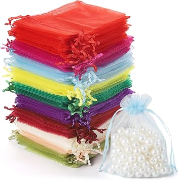 Tecbeauty 200Pcs Organza Bags, 3.54 x 4.72 Inch Mix Color Small Mesh Bag Drawstring Gift Bags Jewelry Pouches Wedding Party Favor Christmas