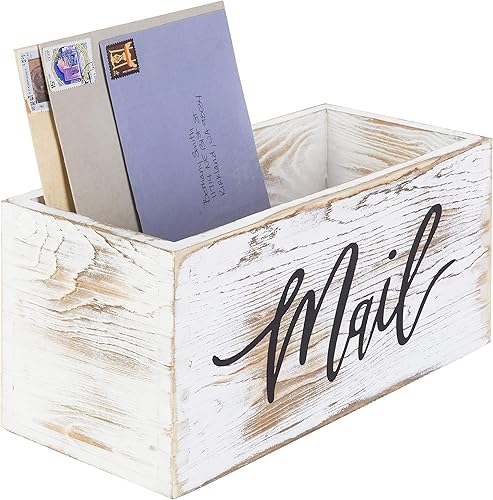 MyGift Caja organizadora de almacenamiento para correo, madera encalada con diseño de escritura de correo, cartas de escritorio, billetes, notas y