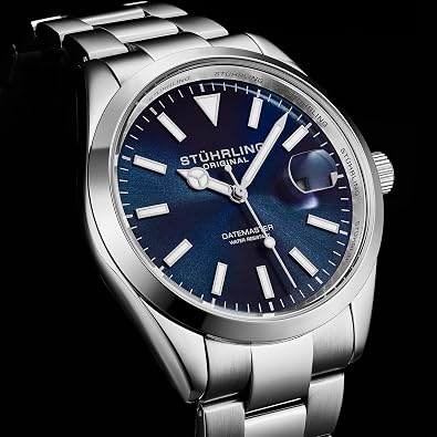 Stuhrling Original Datemaster Quartz Mens Watch 42mm Stainless Steel, Japanese Quartz, Luminous Hands, Brass Sunray Dial, Date Window, 100M Water Resistant, Classic Everyday Wear