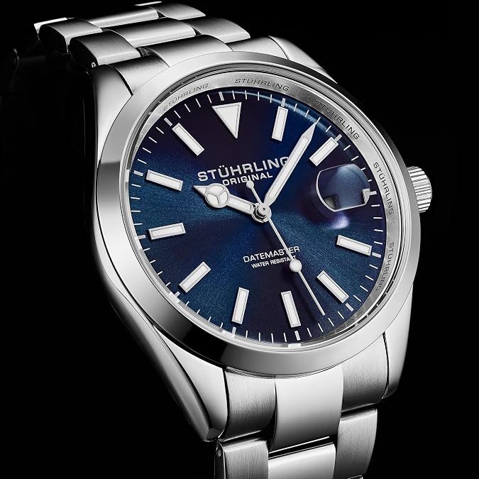 Stuhrling Original Datemaster Quartz Mens Watch 42mm Stainless Steel, Japanese Quartz, Luminous Hands, Brass Sunray Dial, Date Window, 100M Water Resistant, Classic Everyday Wear