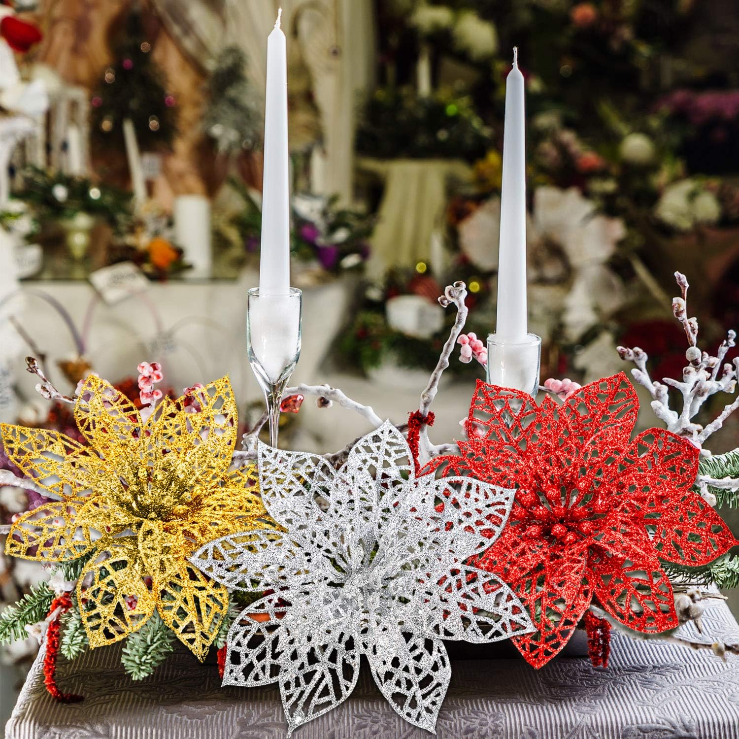 クリスマスグリッター ポインセチア ウェディング造花 クリスマスツリーオーナメント リース装飾用 【火曜日】 30個
