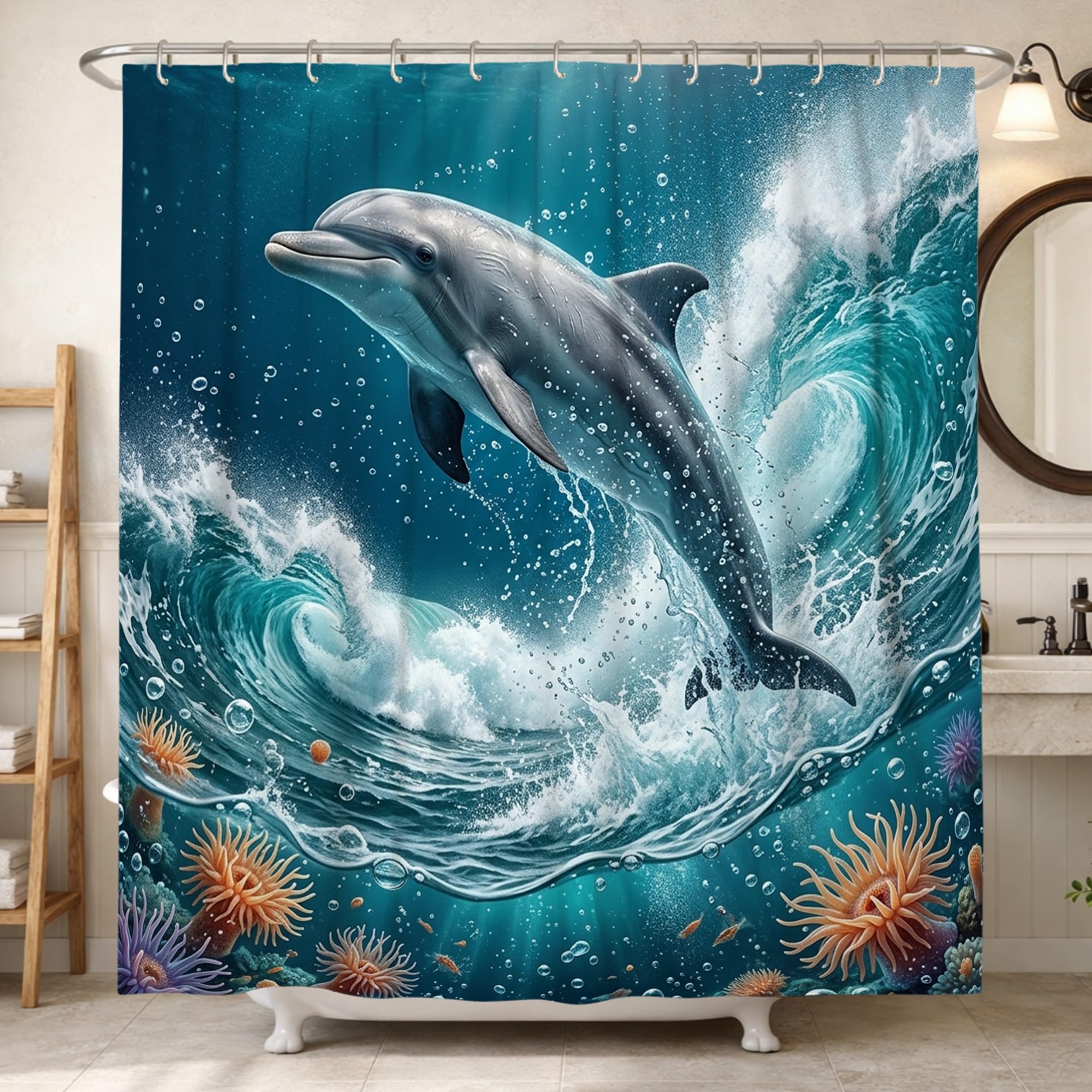 Rideau de douche dauphin anti-moisissure en tissu imperméable 183 x 213 cm pour hôtel et maison
