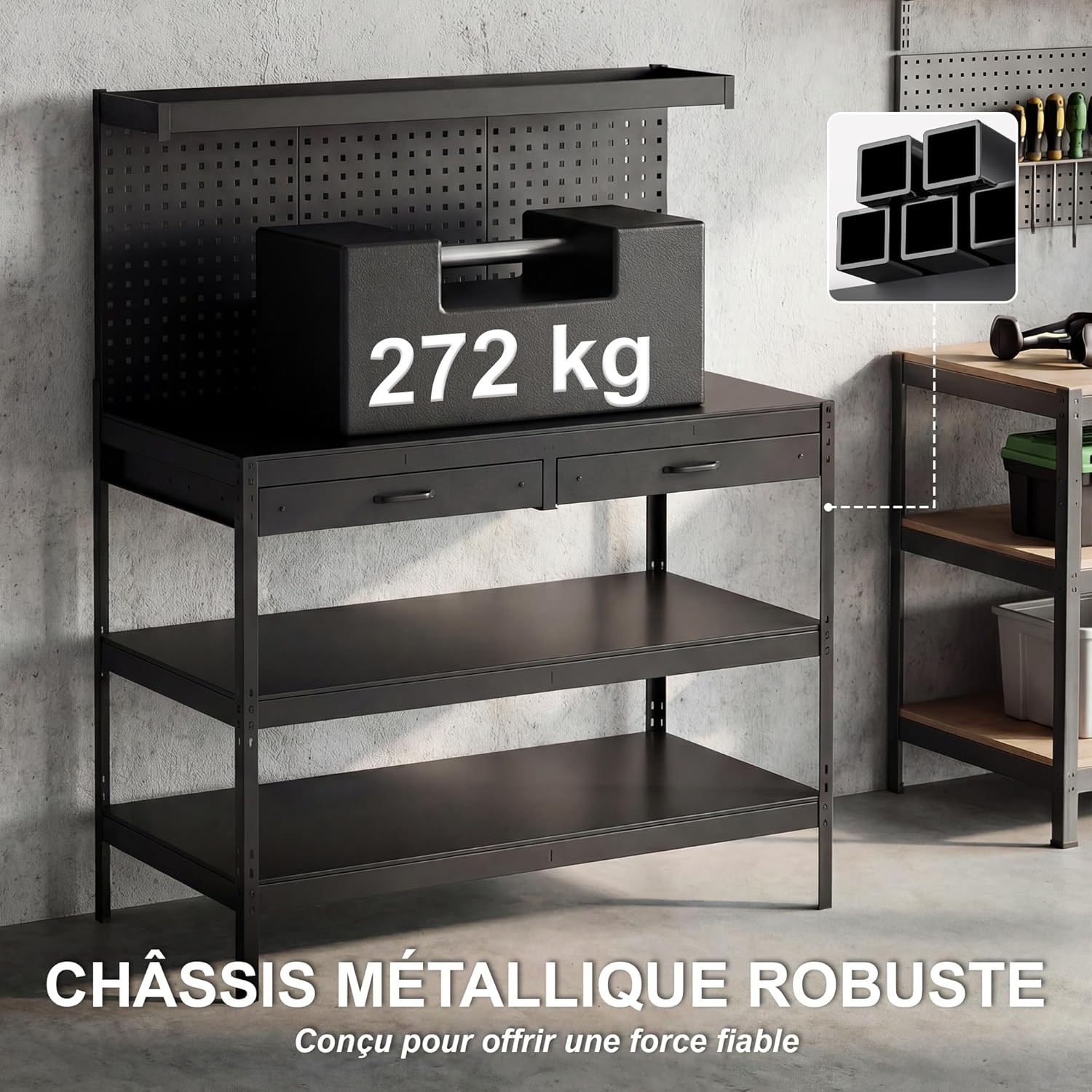 HOMCOM Workbench, Maximum Load 272 kg, 122 x 61 x 156 cm, Worktop with Perforated Board, 2 Drawers and 2 Adjustable Shelves, Steel Frame, for Garage, Workshop or Warehouse, Black