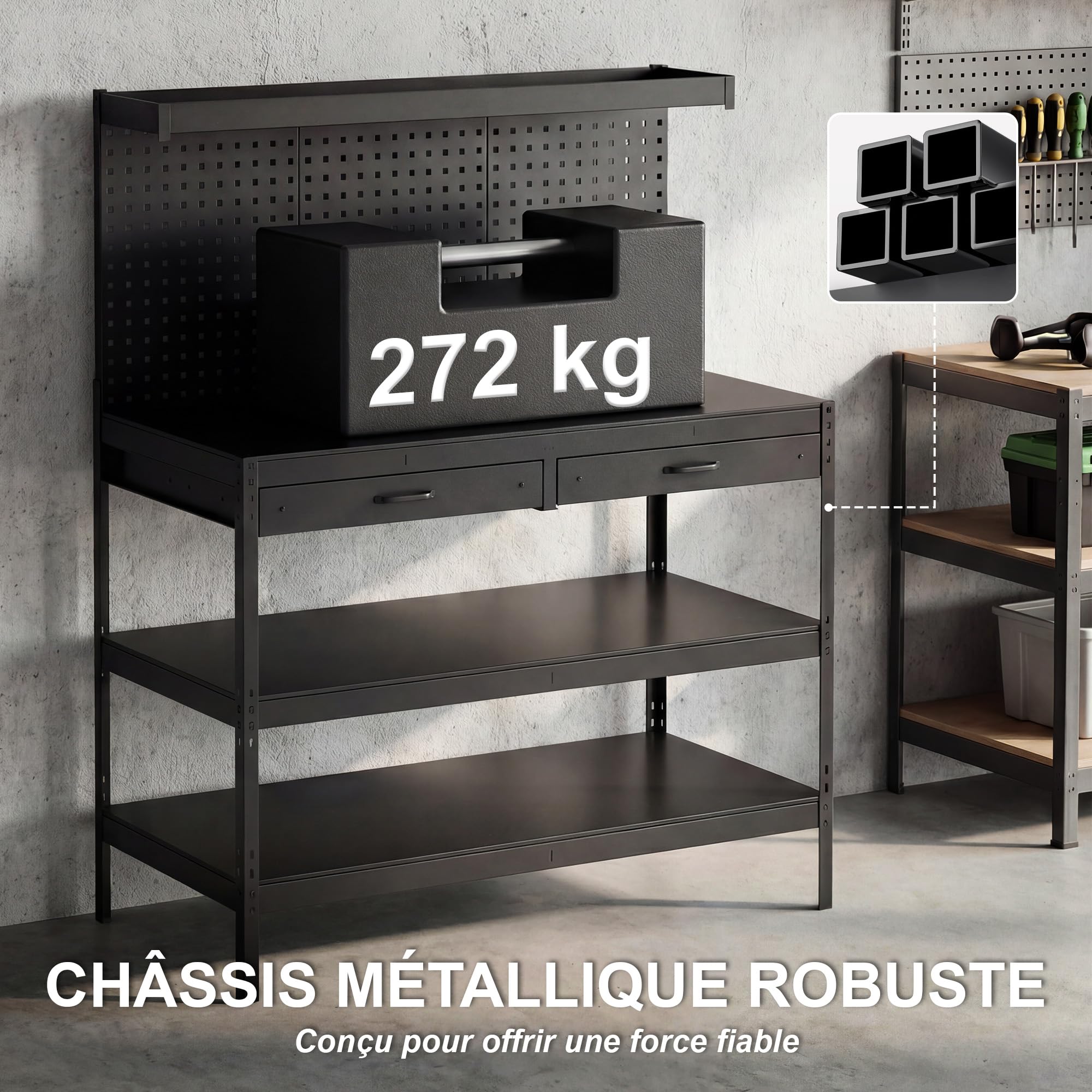 HOMCOM Établi d'Atelier, Charge Max. 272 kg, 122x61x156 cm, Plan de Travail avec Panneau Perforé, 2 Tiroirs et 2 Étagères Réglables, Cadre en Acier, pour Garage, Atelier ou Entrepôt, Noir