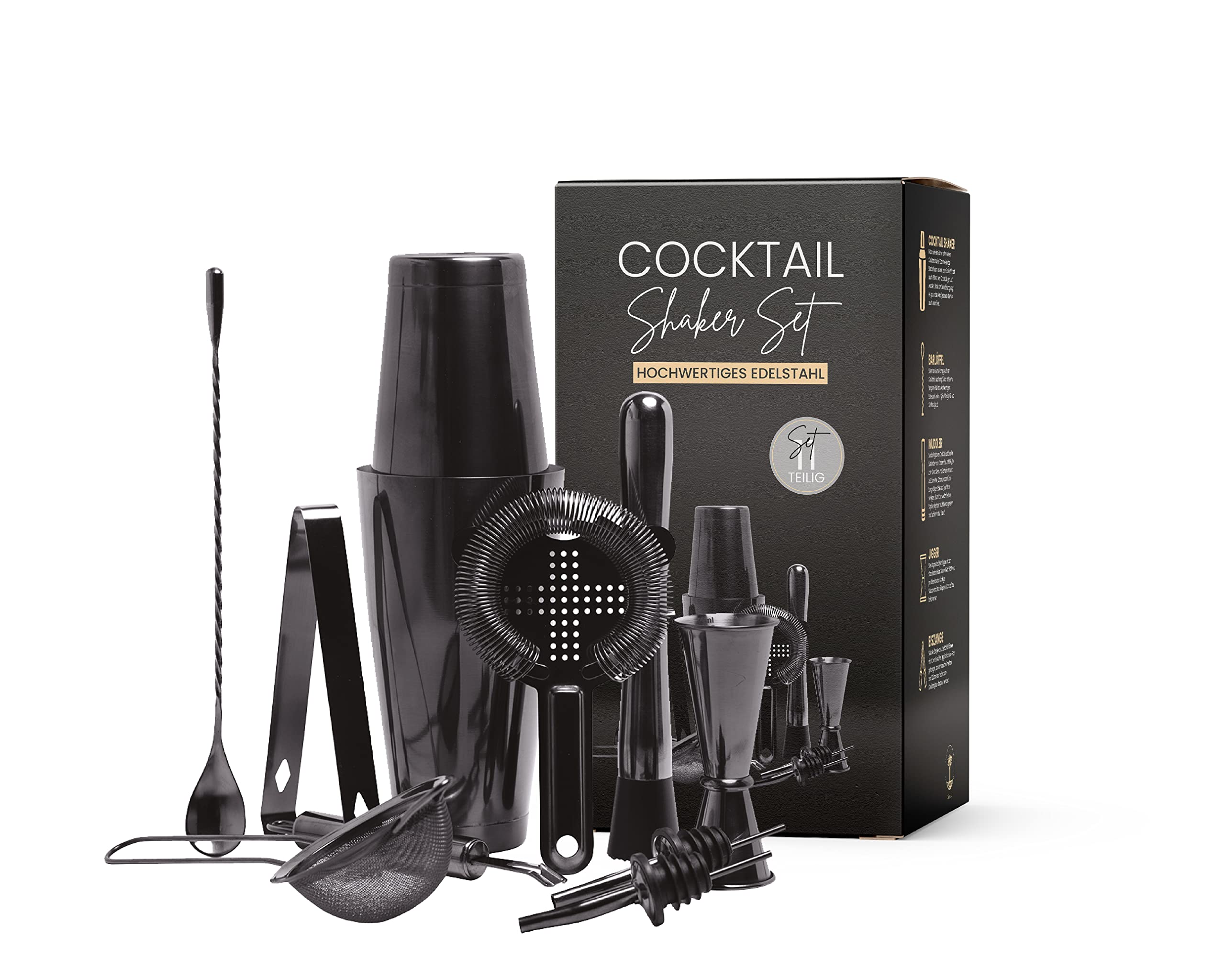 Cocktail Set 12-teilig | Edles Cocktail Shaker Set in Space Grey | Großes Cocktail Mix Set | 750ml Boston Shaker aus Edelstahl | Cocktailshaker Barkeeper Set | Bar Zubehör Shaker Cocktail Set