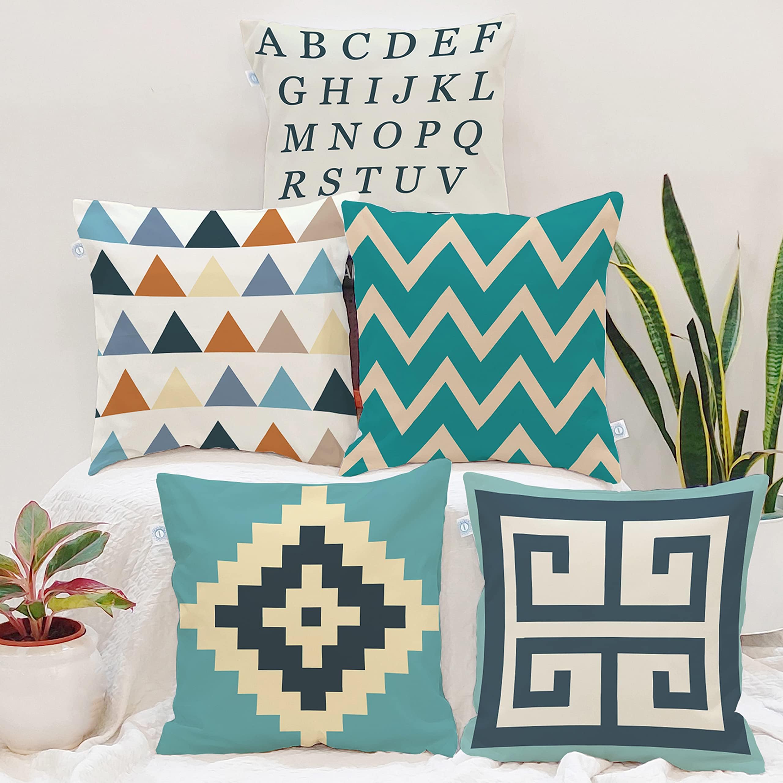 STITCHNEST Geometric Blue and Turquoise Printed Canvas Cotton Cushion Cover, 12x12 Inches, Set of 5