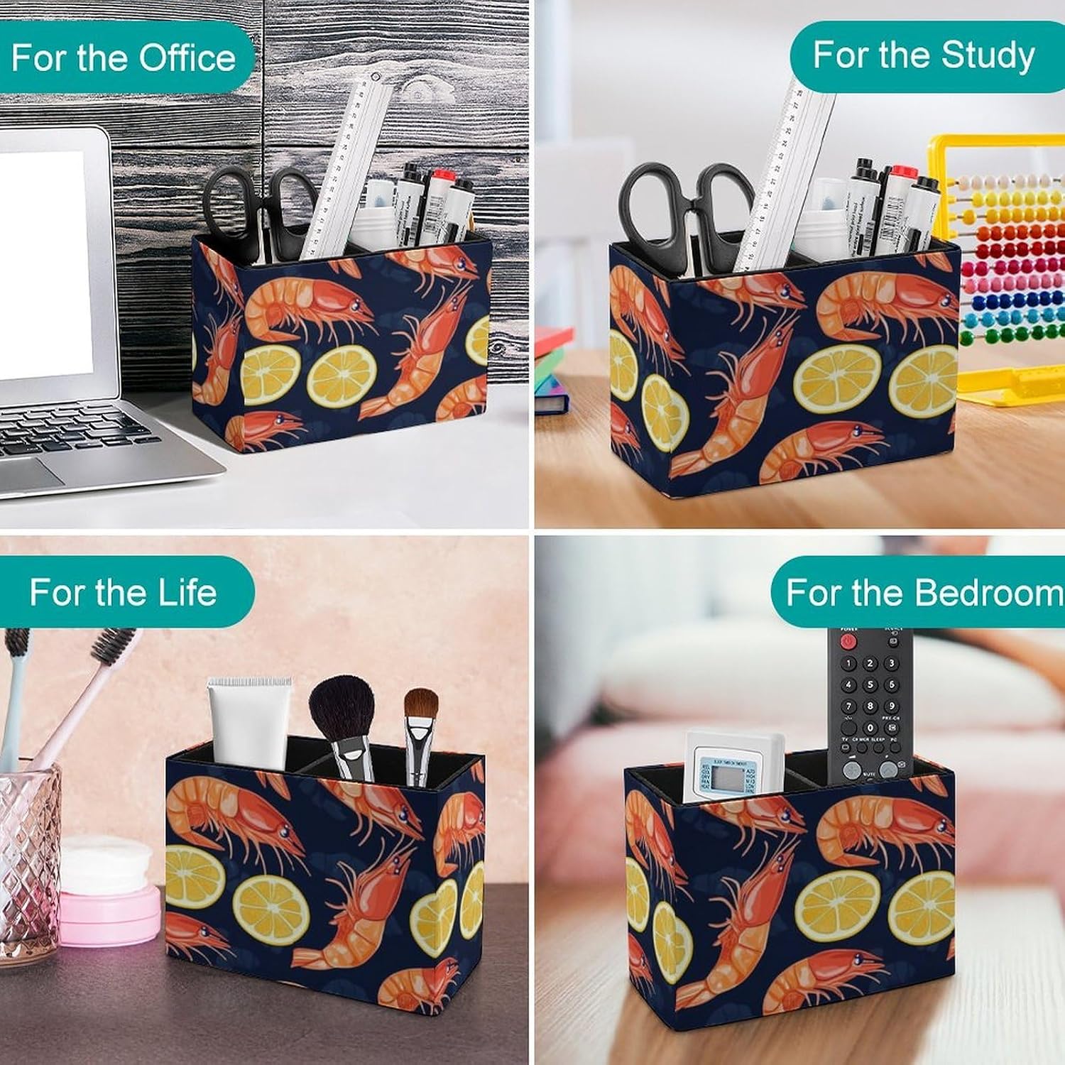 Lobster Print Pencil Pen Holder PU Leather Desk Storage Organizer Makeup Brush Box