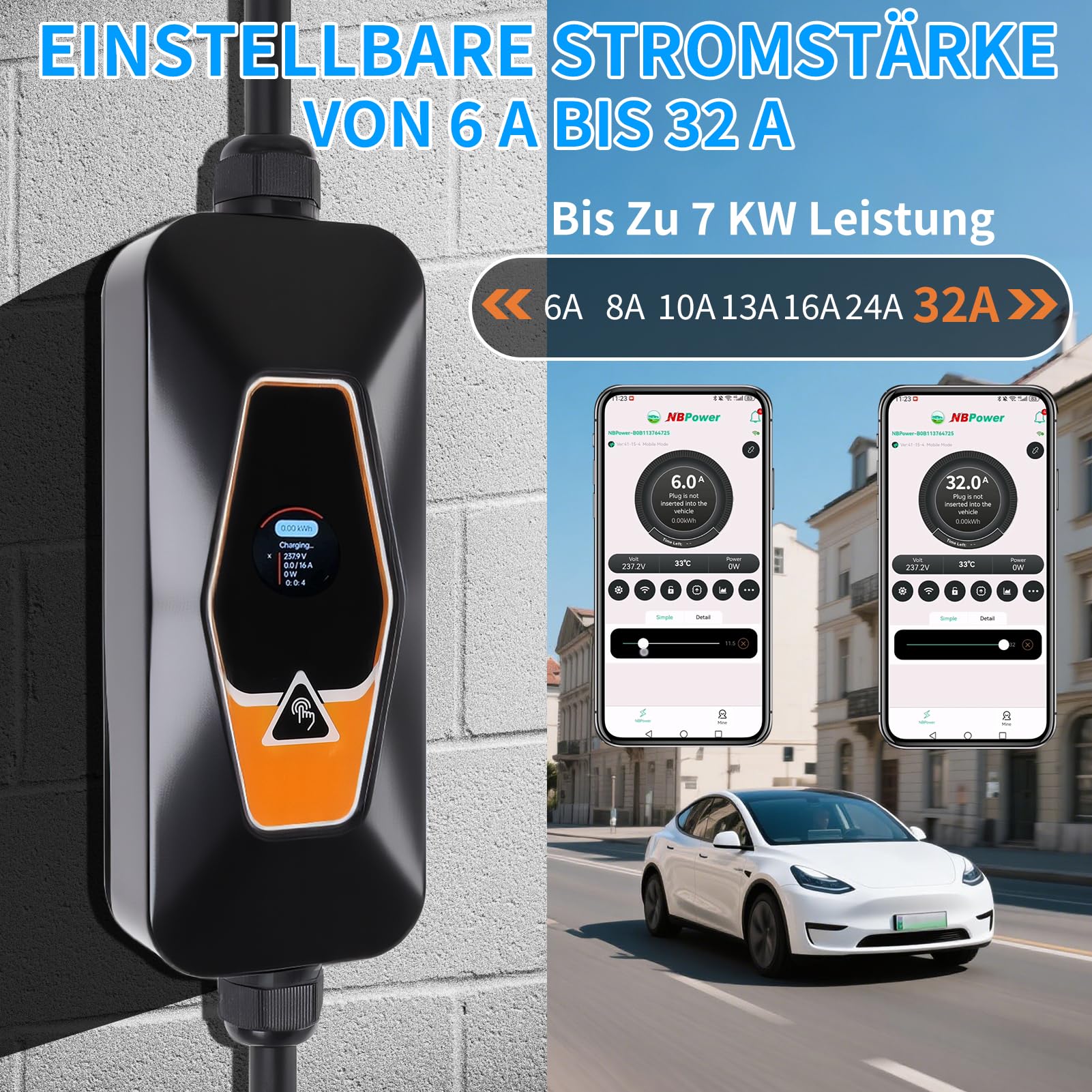 Type 2 EV Ladegerät 7KW, 6A/8A/10A/13A/16A/24A/32A Einstellbar,5m Ladekabel Dreiphasig, Tragbare Mobile Wallbox mit App-Steuerung für Fernzugriff&Ladezeitvorwahl, mit CEE Stecker, IP54 Schutz