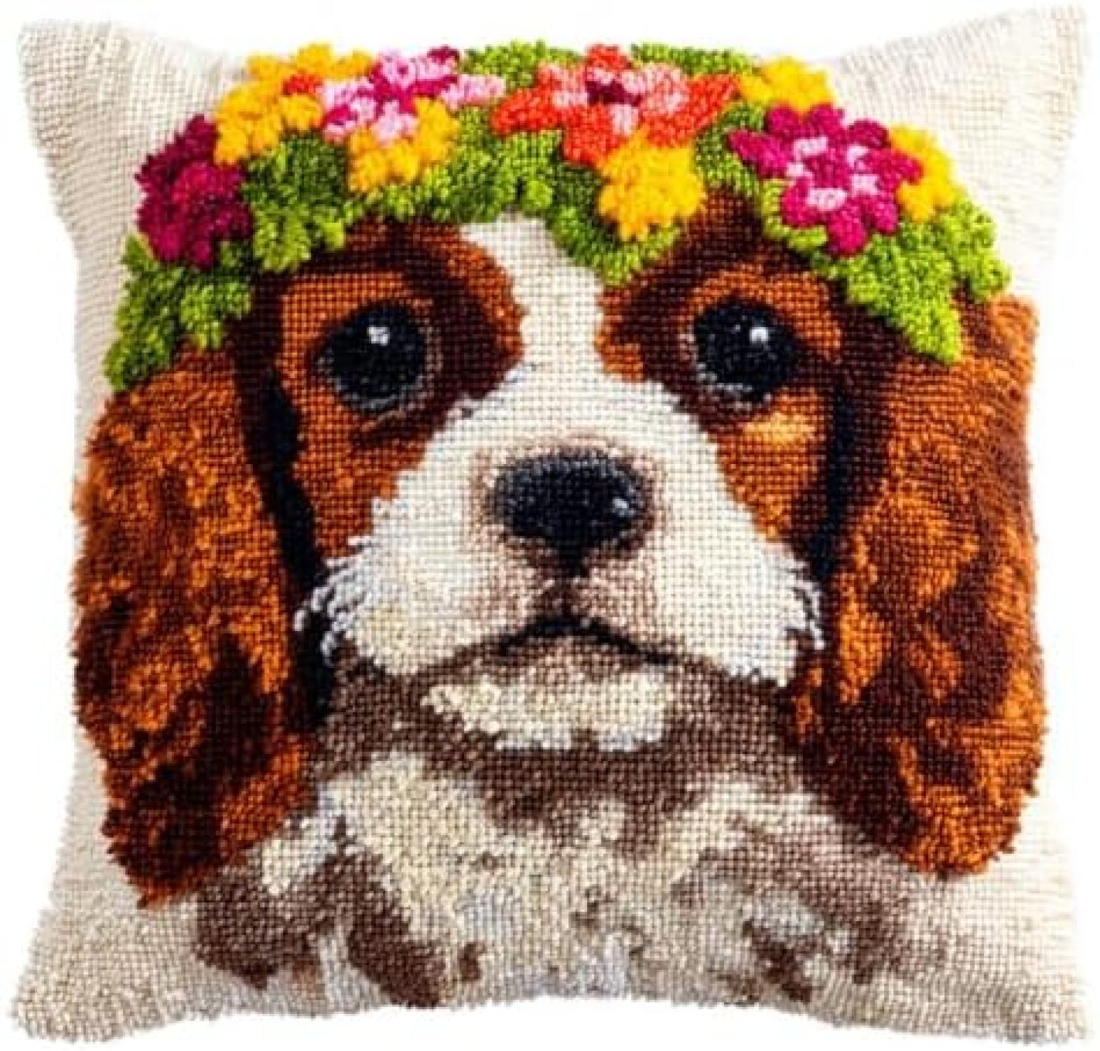 kitphoenix Adults Latch Hook Craft Kit,Cavalier King Charles Dog Wear Flower Wreath,Cushion Cover Making Kit with Yarn and Hook,DIY Embroidery Pillow Cover Set,43x43 cm