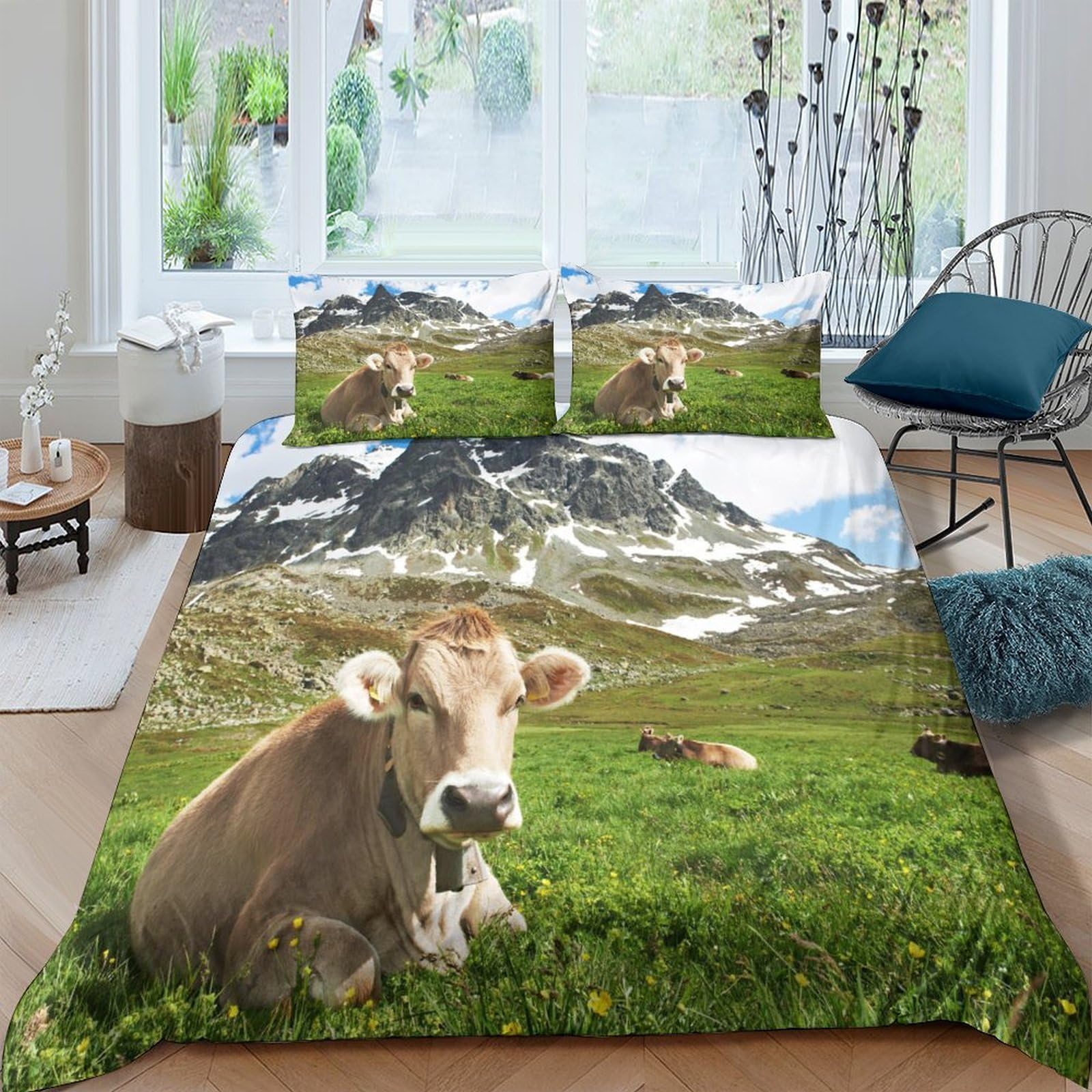 Ctjqhvkz Style-4 3D Printed Mountain Pasture Cow Fitted Sheet Microfiber Soft Breathable Meadow Bed Cover For Bedroom Guest Room Decor Single（135X200cm）
