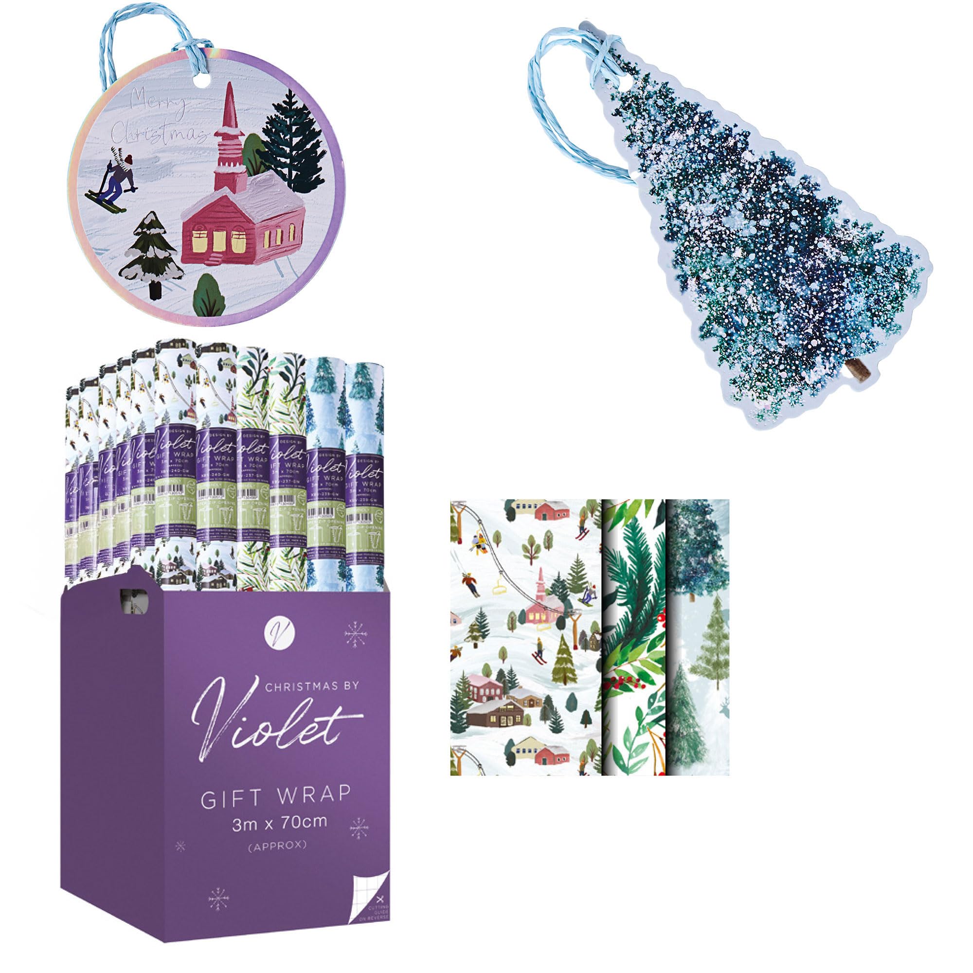 Design By Violet Aspen & Frozen Gift Wrap Set – 3 x 3m Wrapping Paper Rolls with 16 Matching Gift Tags – Silver Holo Foil – Luxury Recyclable Xmas Present Wrap