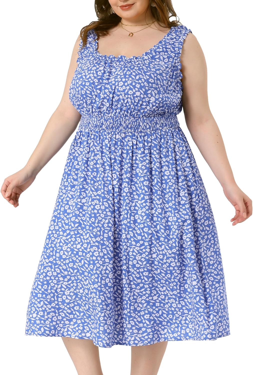 Agnes Orinda Plus Size Dress for Women Square Neck Sleeveless Floral Flowy Stretchy Waist Midi Summer Dresses - Image 2