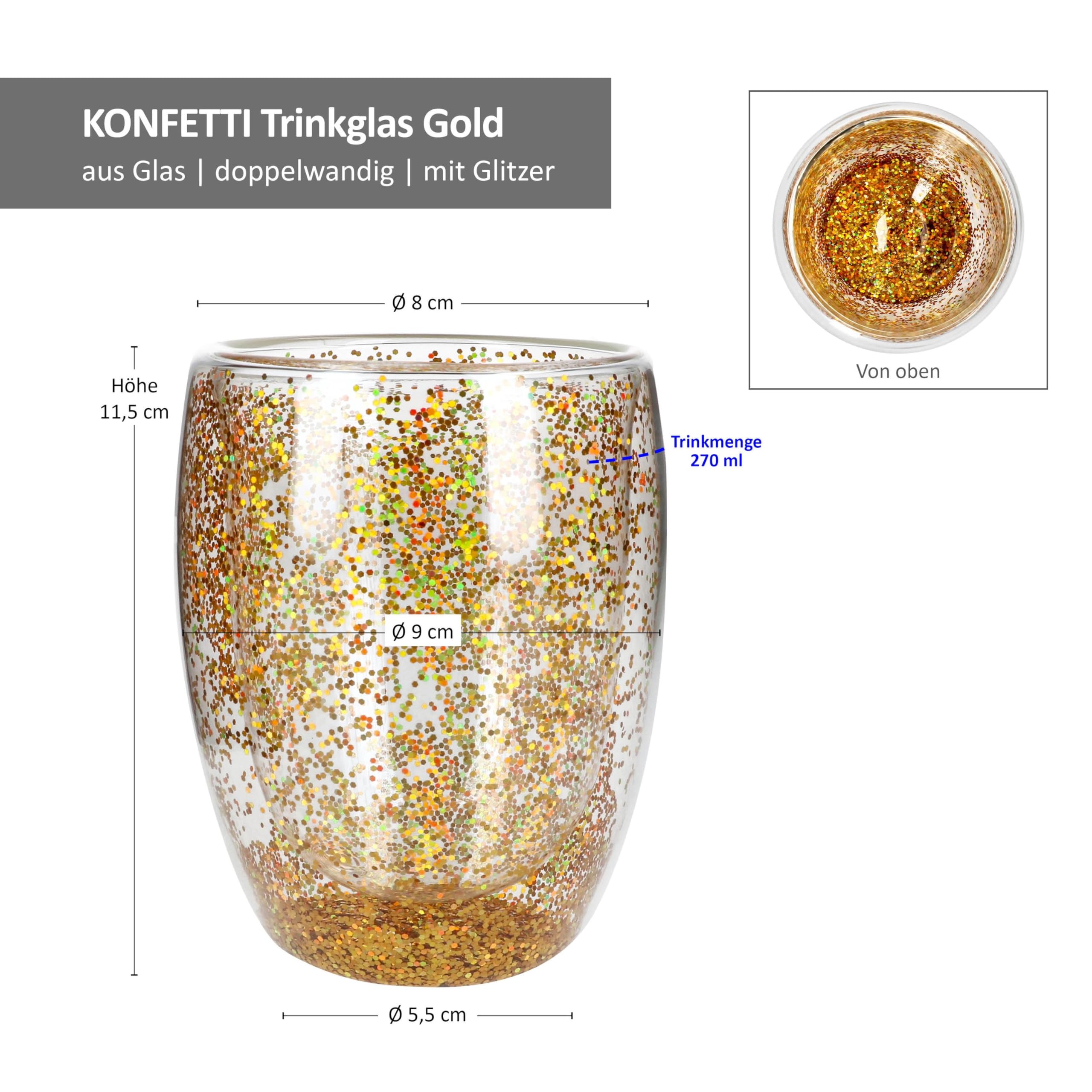 MamboCat Konfetti zestaw 6 szklanek o podwójnych ściankach 270 ml, złoty brokat, do gorących i zimnych napojów, szklanki termiczne do cappuccino, herbaty, koktajli, wody, na imprezy, Boże Narodzenie