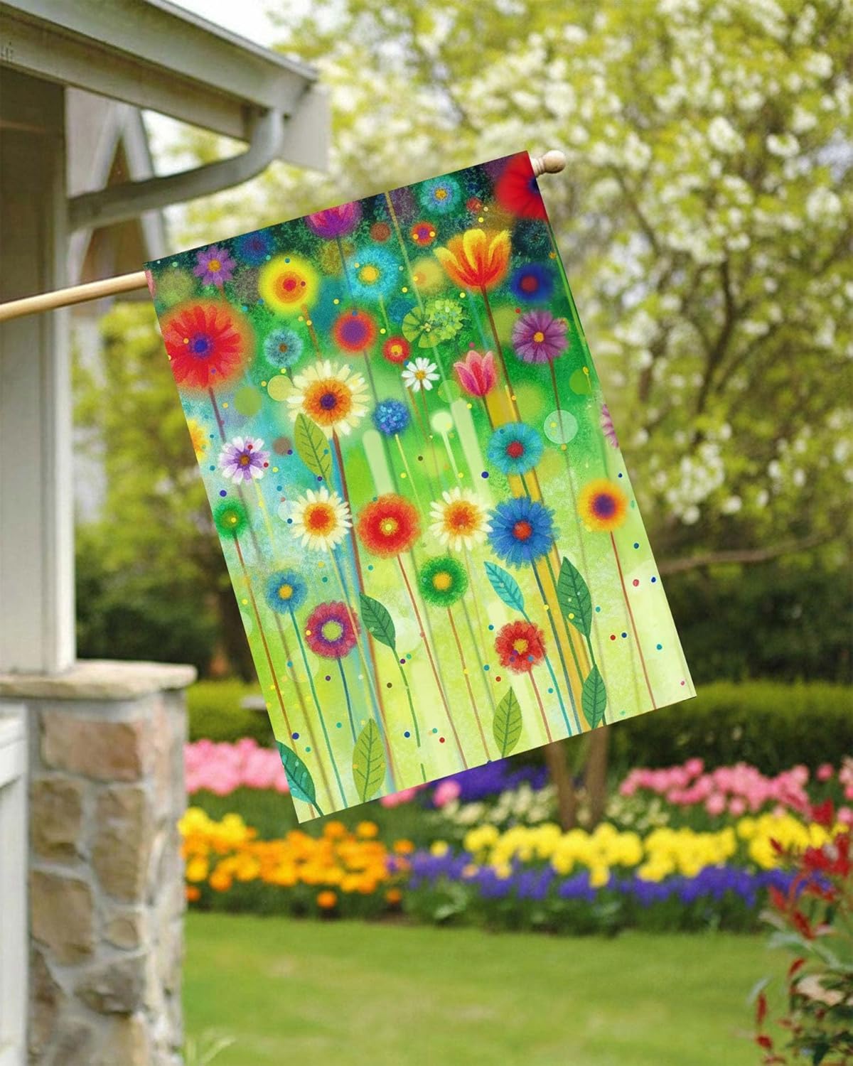 Watercolor Abstract Spring Seasonal Green Floral Flowers Painting Art House Flag 28" x 40" Double Sided Polyester Welcome Yard Garden Flag Banners for Patio Lawn Home Outdoor Decor