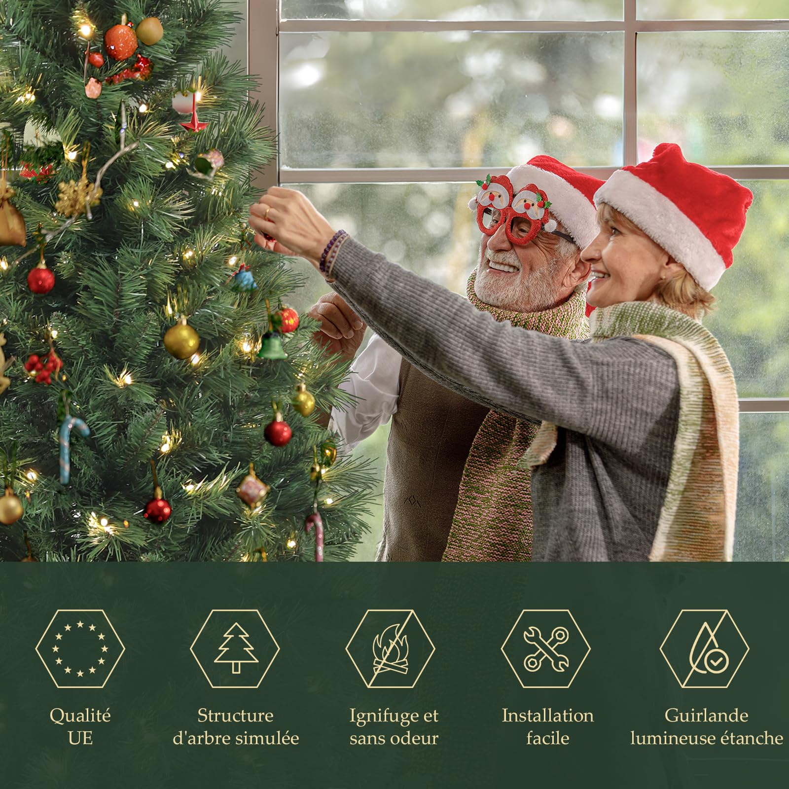 SALCAR Sapin de Noël Artificiel Lumineux 210cm, Arbre de Noel avec 380 LED, 868 Pointes de Branche, Gants et Pieds de Sapin de Noël en Métal, Lgnifuge, Assemblage Rapide
