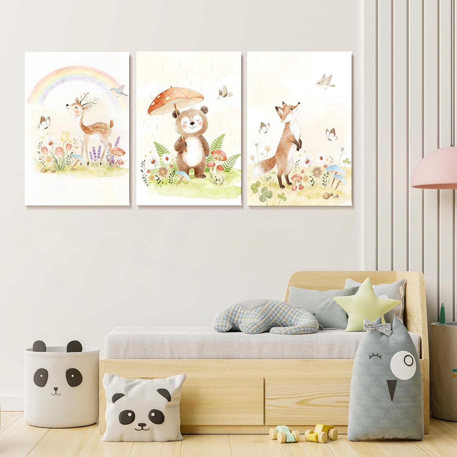 Woodland Animal Nursery Canvas Wall Art Set of 3, Fox Bear Deer Canvas Prints Watercolor Animals Paintings, Ready to Hang Baby Room Decor for Boys Girls Toddler Kids Bedroom Home Decoration