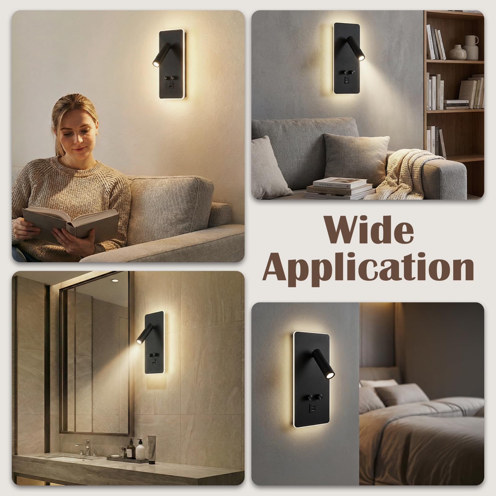2Pcs Lampada da Lettura, Lampada da Parete a LED con Iinterruttore e ricarica USB, lampada da lettura a parete 3W+9W 3000K, Applique da Lettura Regolabile, 350 ° Letto Rotante Luce di Lettura(A)