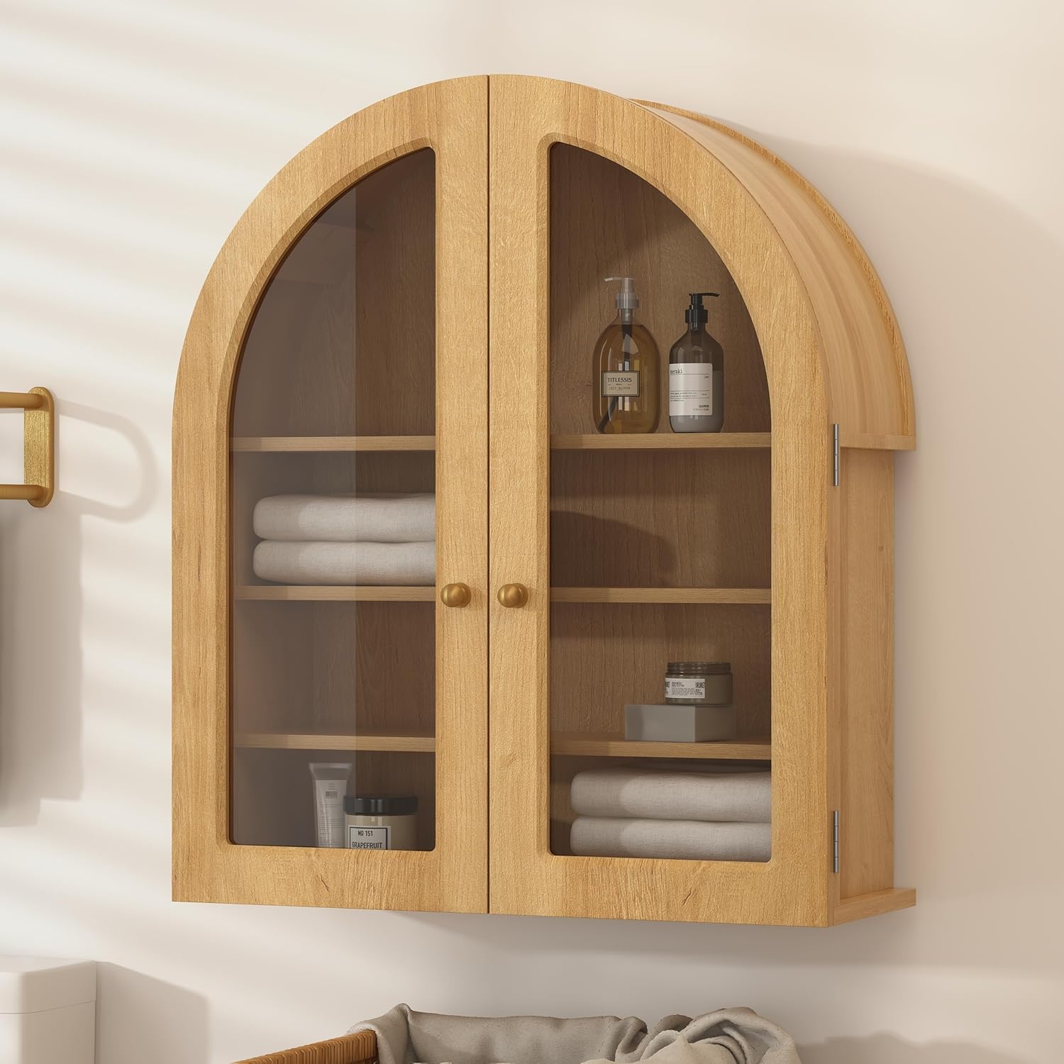Arched Bathroom Wall Cabinet Over Toilet 23.6" Wide Medicine Cabinet with Adjustable Shelves Wall Mounted Wood Storage Cabinet for Bathroom, Laundry Room, Kitchen, Natural Oak