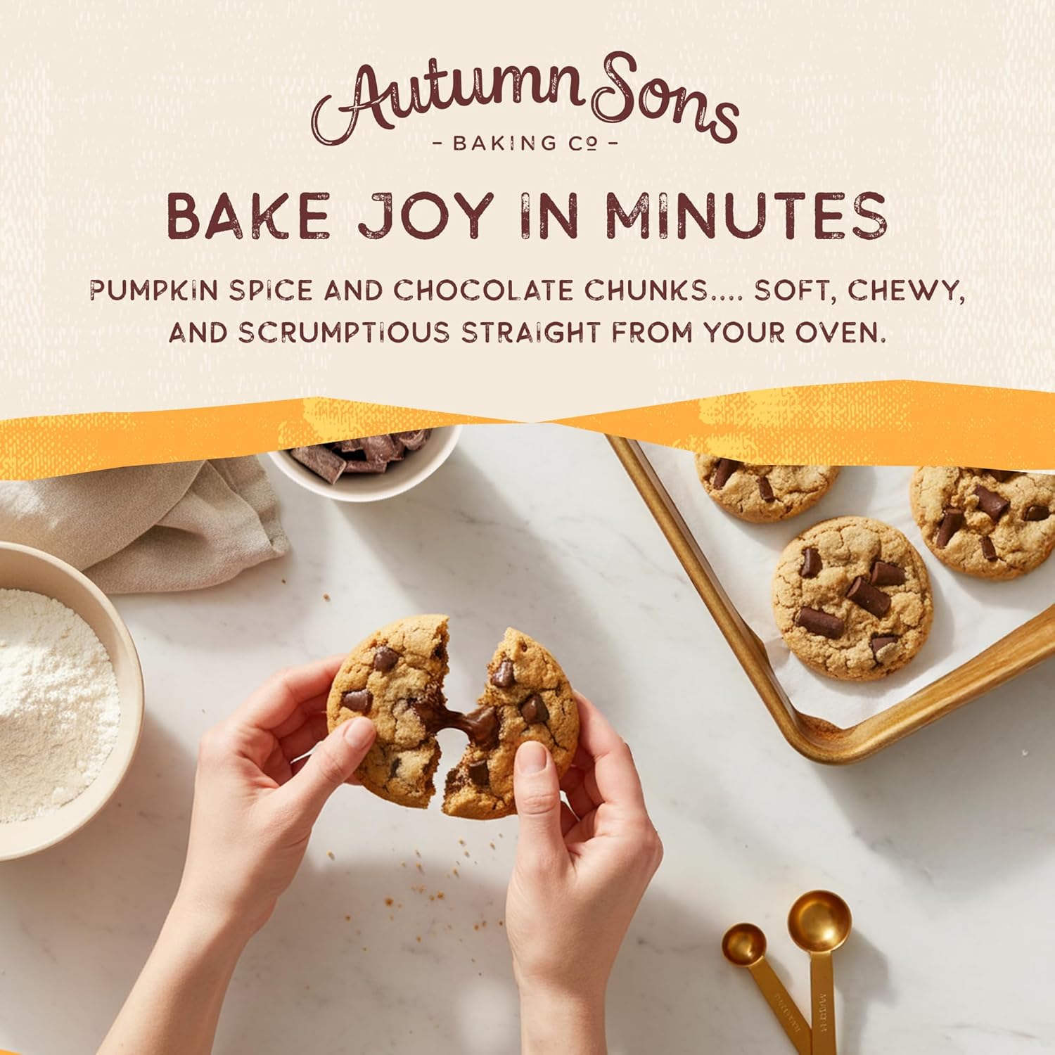 Autumn Sons Baking Co. Gluten Free Pumpkin Chocolate Chunk Cookie Mix. Limited Edition Pumpkin Spice Cookie Mix. Vegan, Plant Based. No Dairy, Soy & Nuts. Top 9 Allergen Free. 8.9 oz (Pack of 3)