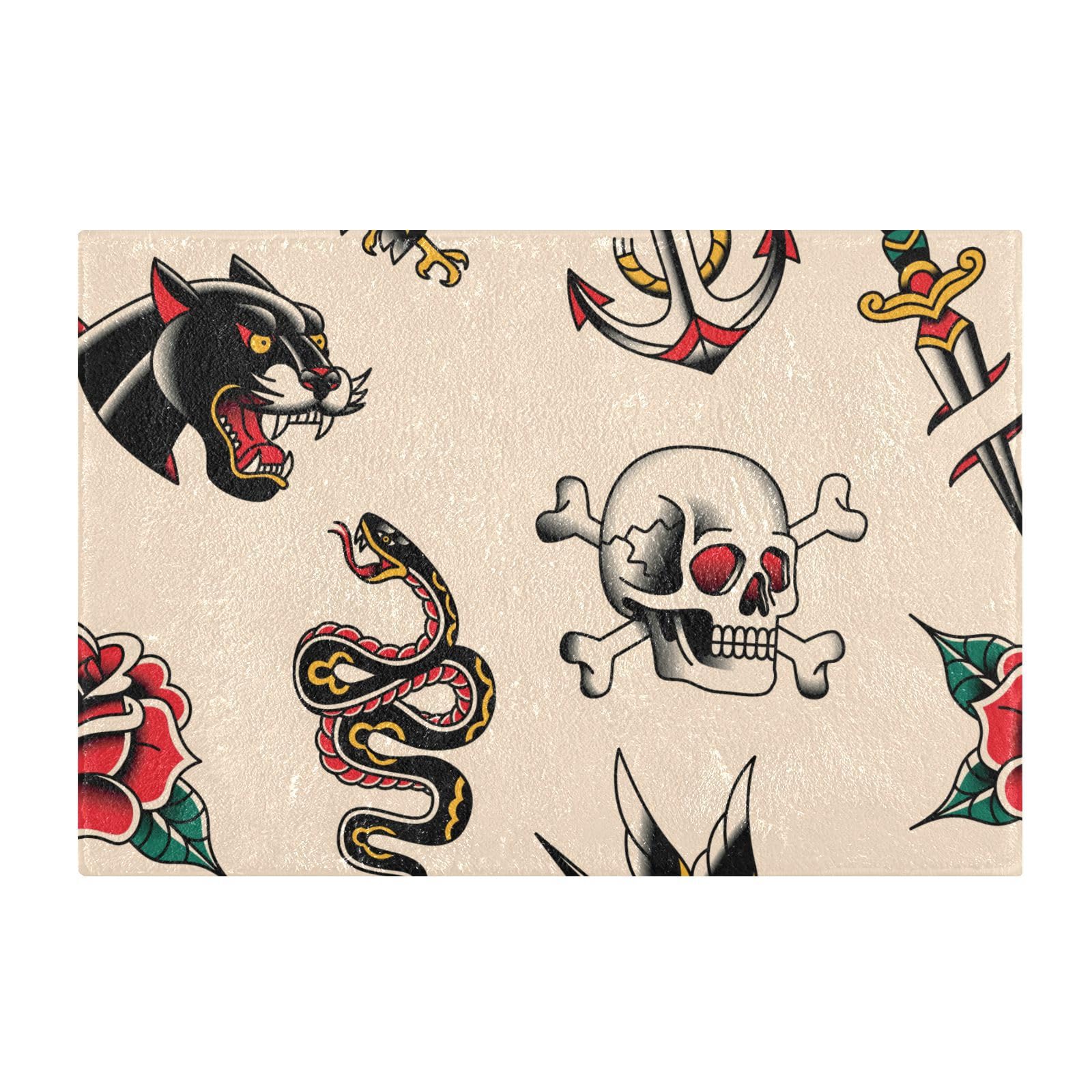 YETTASBIN Old School Tattoo Rectangle Bath Mat, Non-Slip Quick Dry Shower Rug, Extra Soft Plush High Absorbent Toilet Carpet for Bathroom, Bathtub,