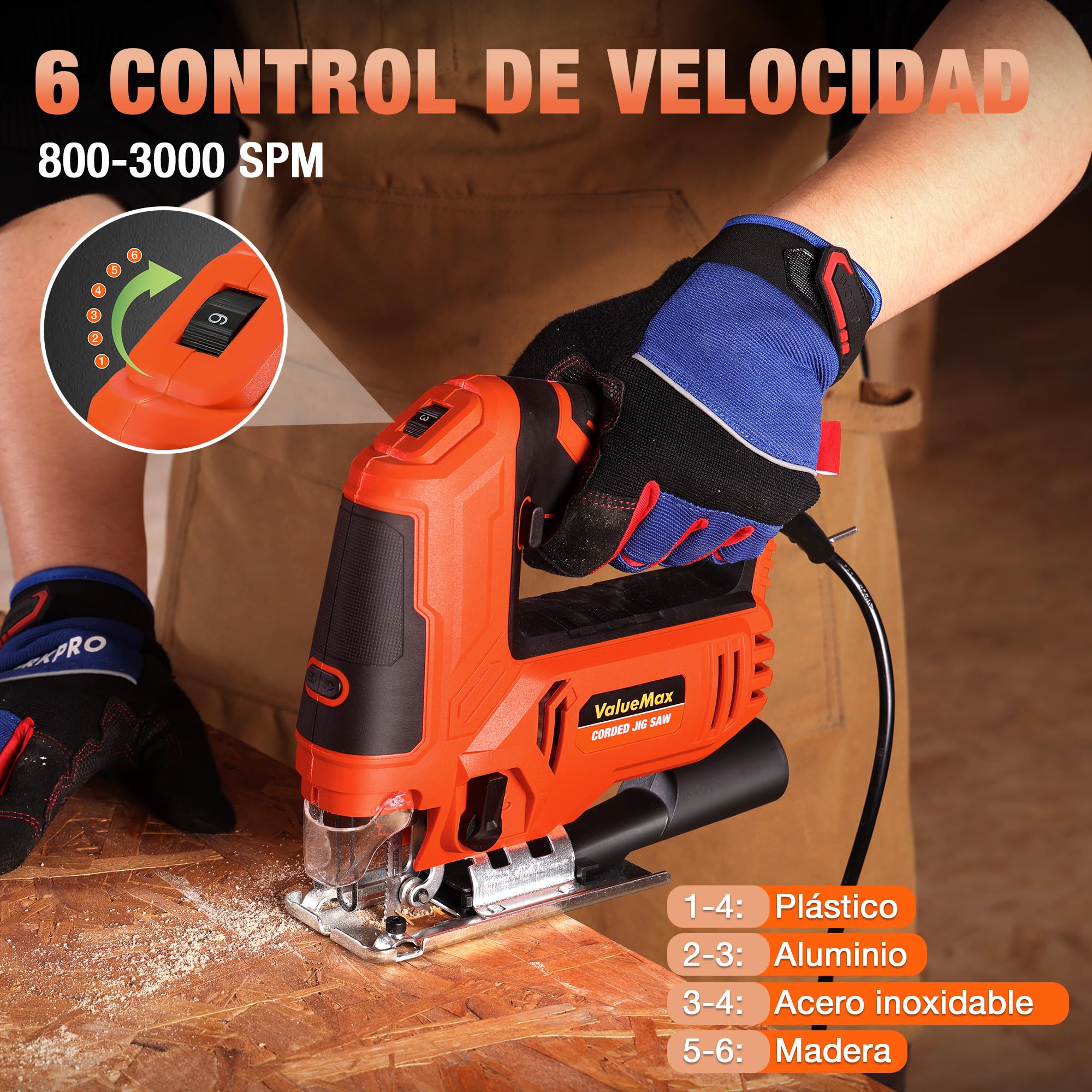 ValueMax Sierra Calar 850W, 6 Velocidades y 4 Modos Corte | Ángulo Ajustable ±45° con Soplado de Polvo, Luz LED y 6 Hojas Incluidas para Madera, Metal y Plástico