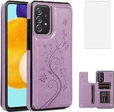 Phone Case for Samsung Galaxy A52 5G/4G with Tempered Glass Screen Protector and Card Holder Wallet Cover Stand Flip Leather Cell Accessories Glaxay A 52 G5 Gaxaly 52A S52 Cases Women Girl Purple