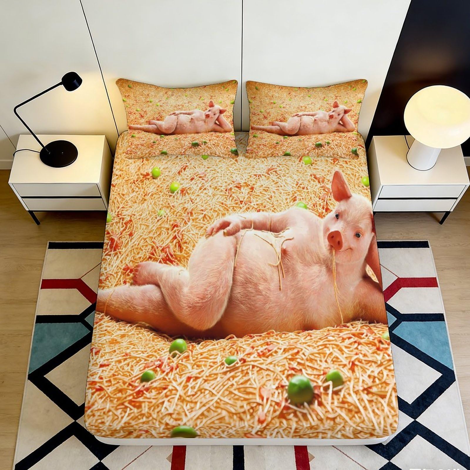 3D Printed Fried Rice Pig Fitted Sheet Microfiber Anti-Slip Fun Cartoon Bed Cover for Bedroom Dorm Easy Care Decor 90x200x25cm