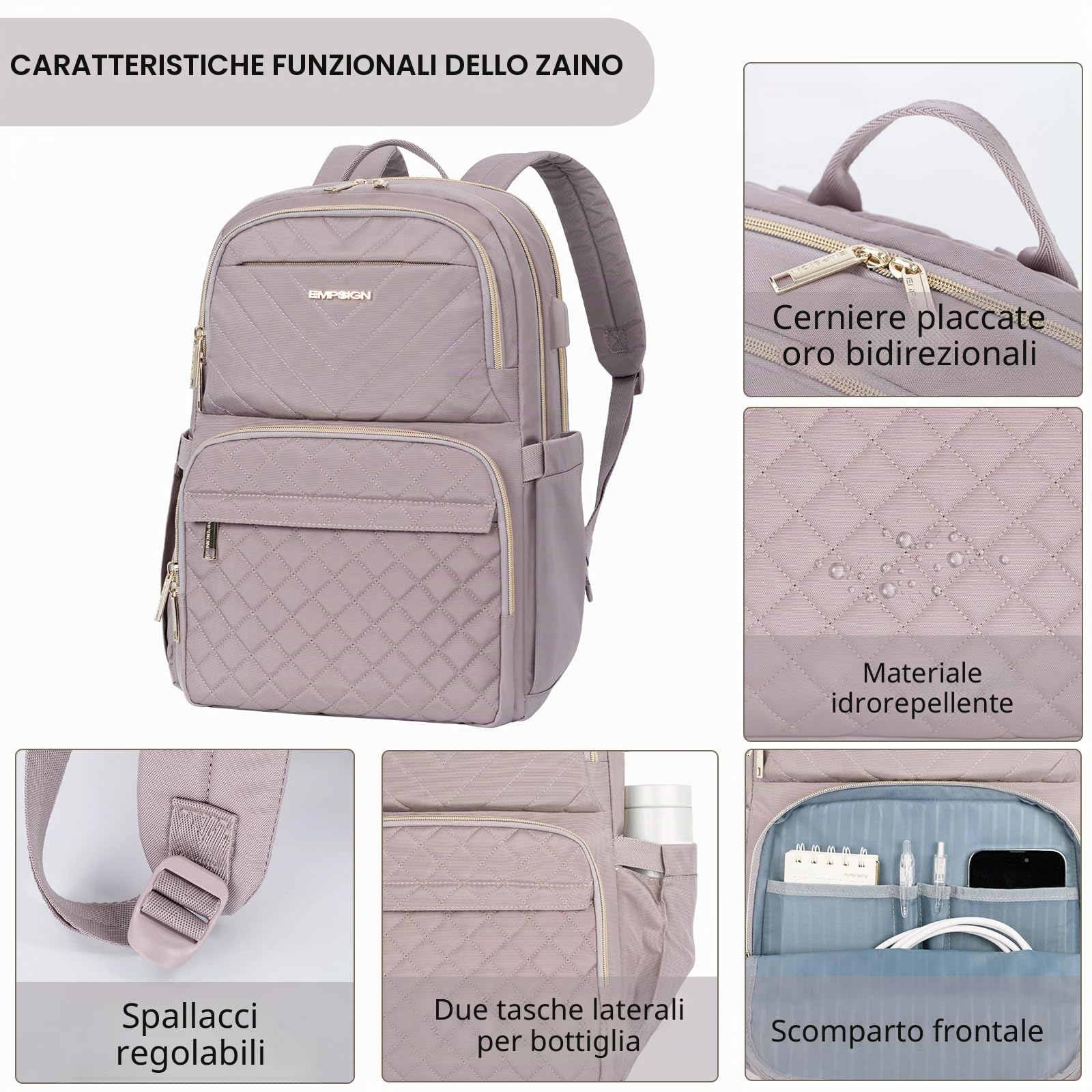 EMPSIGN Zaino Donna 15,6 Pollici con Porta USB, Impermeabile per Scuola, Università, Lavoro, Viaggio e Tempo Libero, Rosa