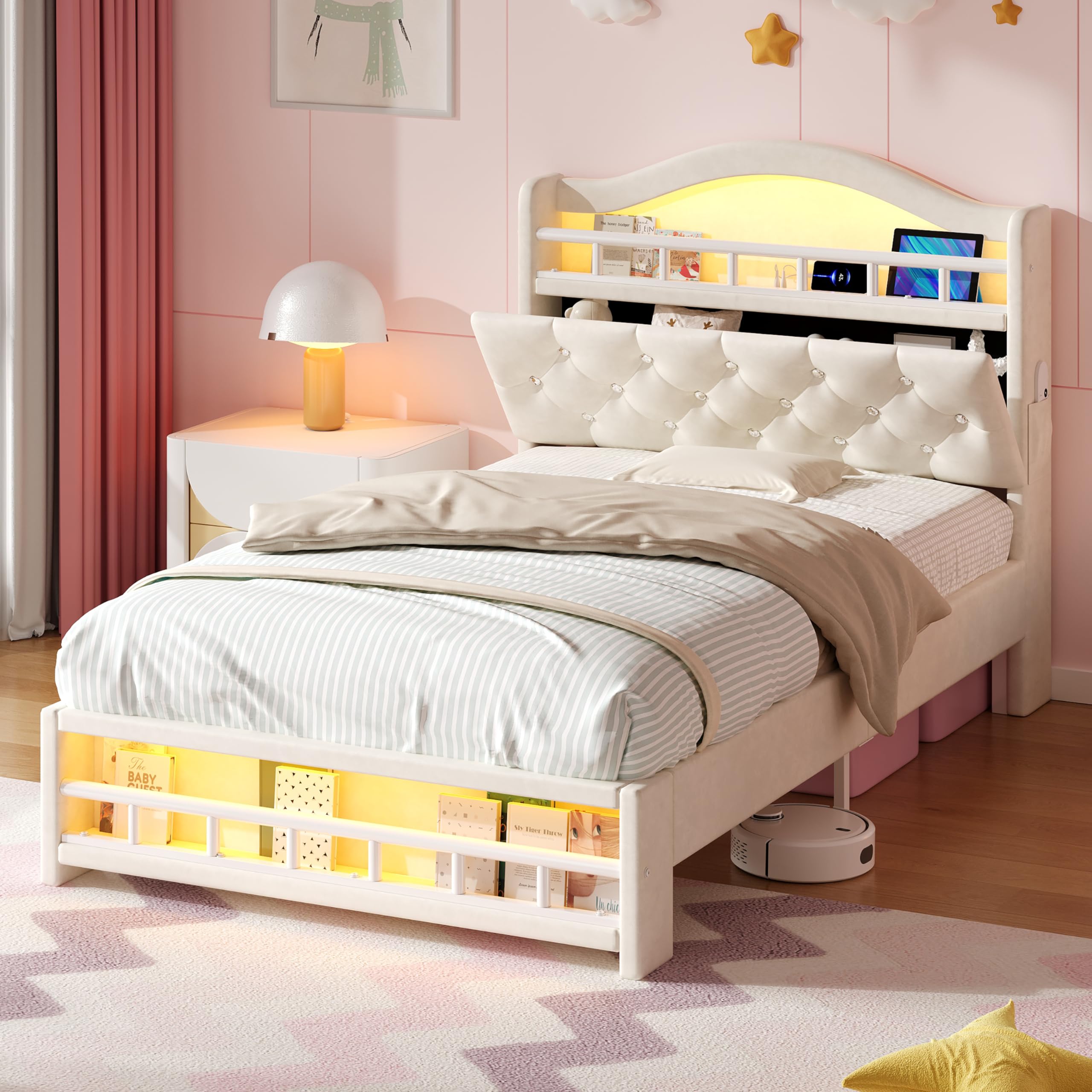 Merax 3FT Single Upholstered Bed Frame with LED, Velvet Bed Frame with Diamond Tufted Headboard, Storage Headboard with USB & Type-C Ports, Modern Single Bed Frame for Bedroom, Beige (No Mattress) — image 1