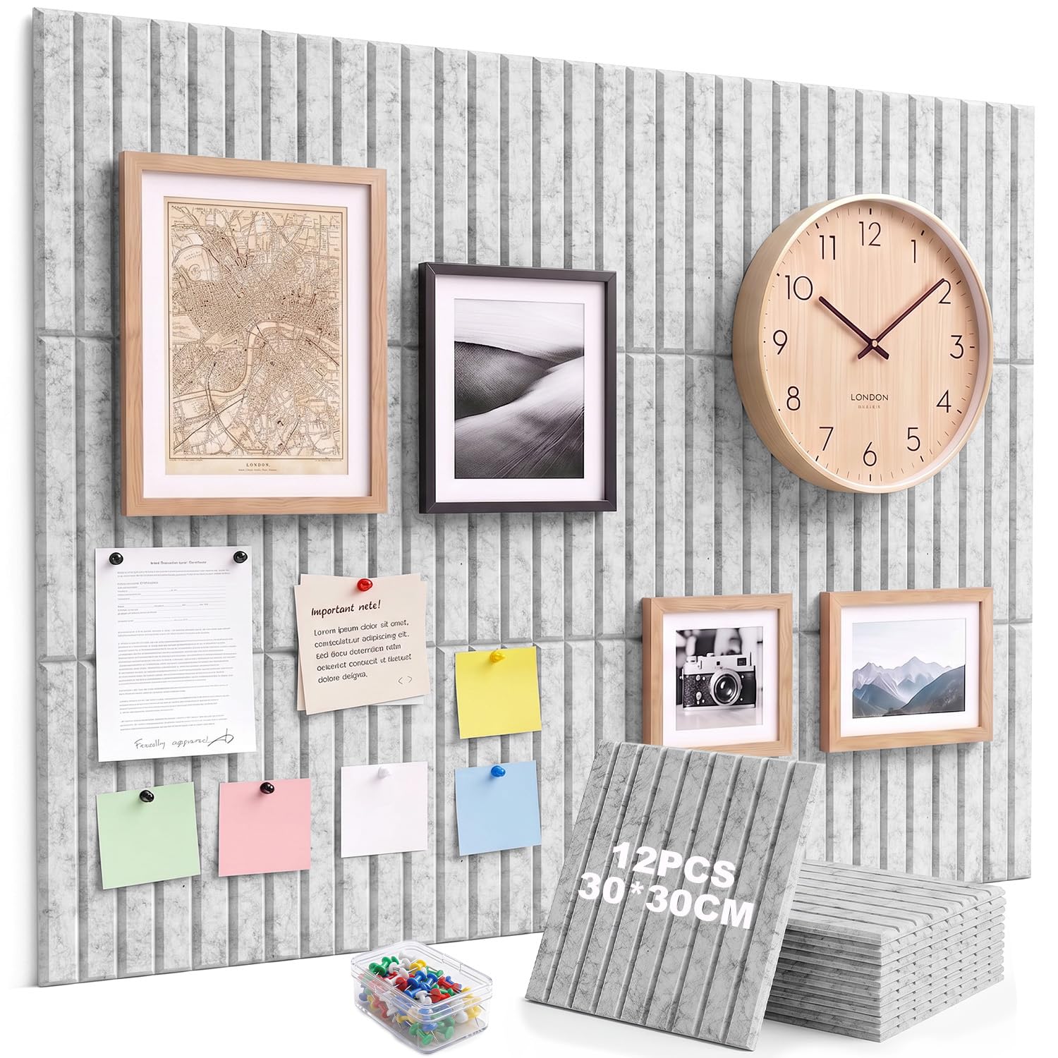 12 Pack Large Cork Board Wall Panels Self Adhesive,120x90cm Felt Pin Board with 30 Notice Board Pins,Bulletin Board for Home Office Kitchen,Vision Board for Photos Memos Wall Decorative (Light Gray)