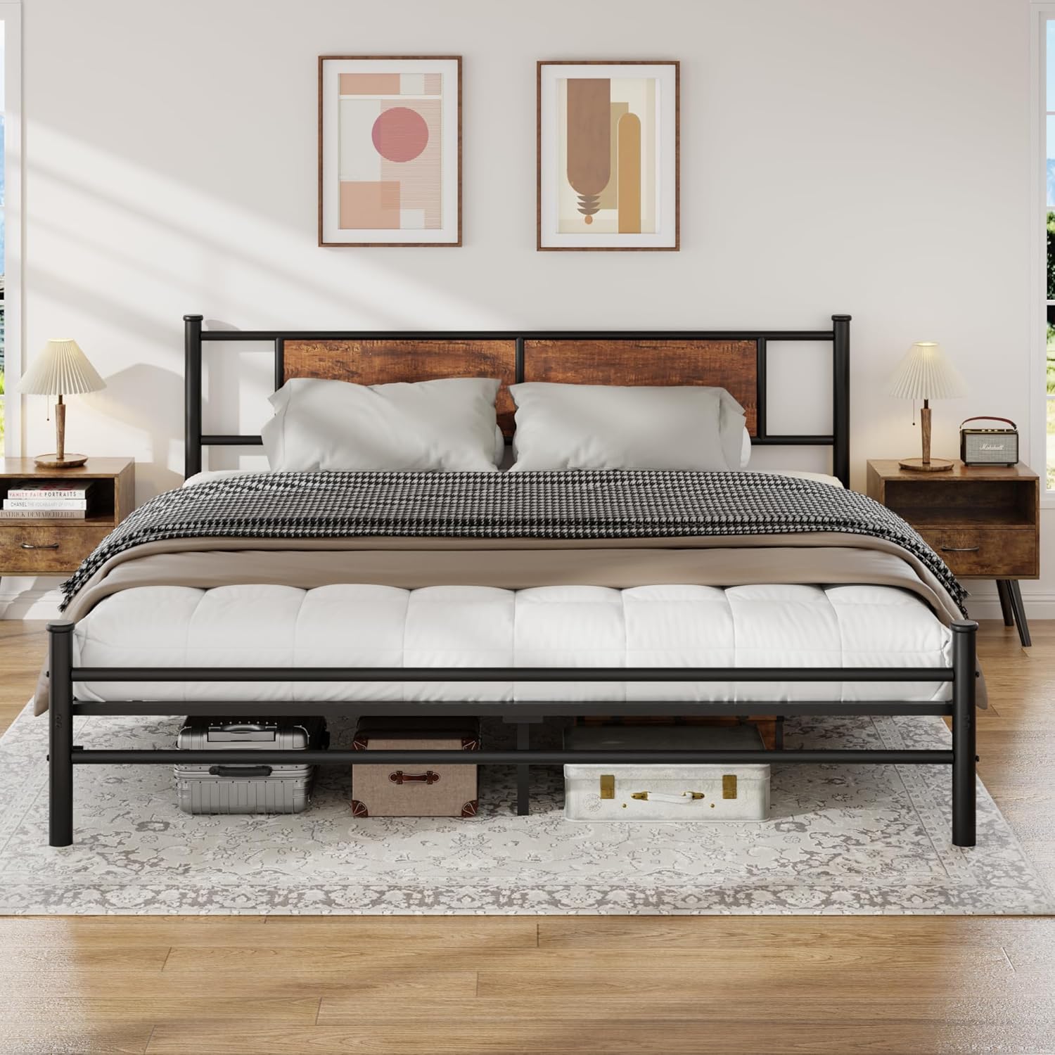 King Size Bed Frame with Rustic Wood Headboard, Metal Heavy Duty Platform, Sturdy Steel Slat Support, No Box Spring Needed, Black King Platform Bed Frame with Headboard King Black