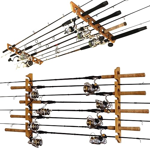 Rush Creek Creations 8 Fishing Rod Wall or Ceiling Storage Rack, Vertical or Horizontal Holder for Garage, 8 Rod and Reel Combo Capacity