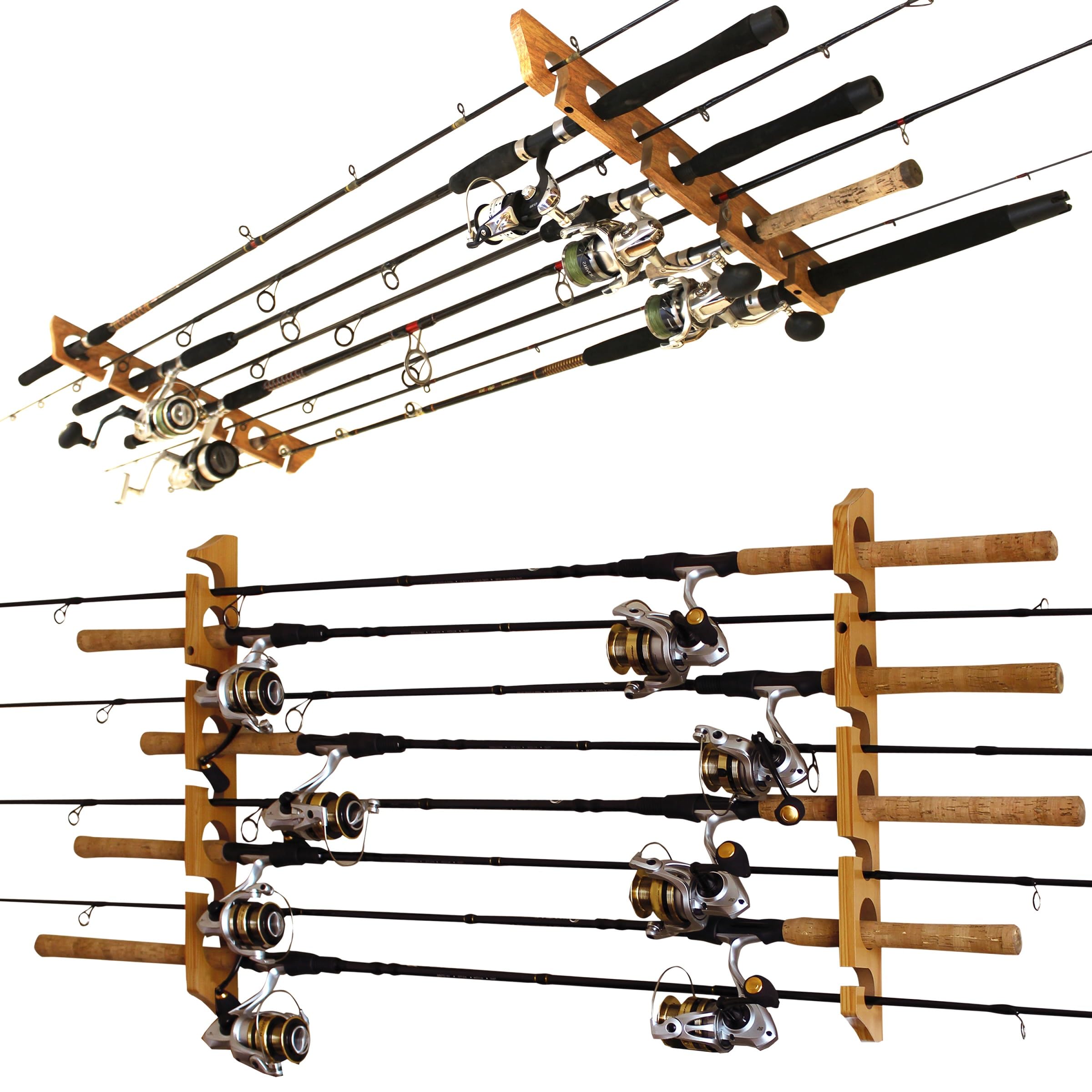 Rush Creek Creations 8 Fishing Rod Wall or Ceiling Storage Rack, Vertical or Horizontal Holder for Garage, 8 Rod and Reel Combo Capacity