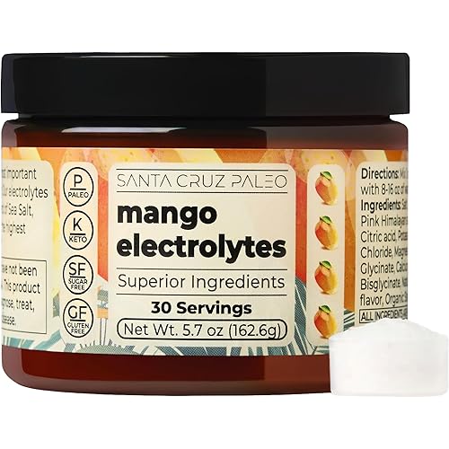Santa Cruz Paleo Electrolyte Powder, Mango Flavor, Sugar Free Hydration Drink Mix with Himalayan Pink Salt, Sea Salt, Magnesium Glycinate, Potassium Chloride, Sweetened with Stevia, 30 Servings