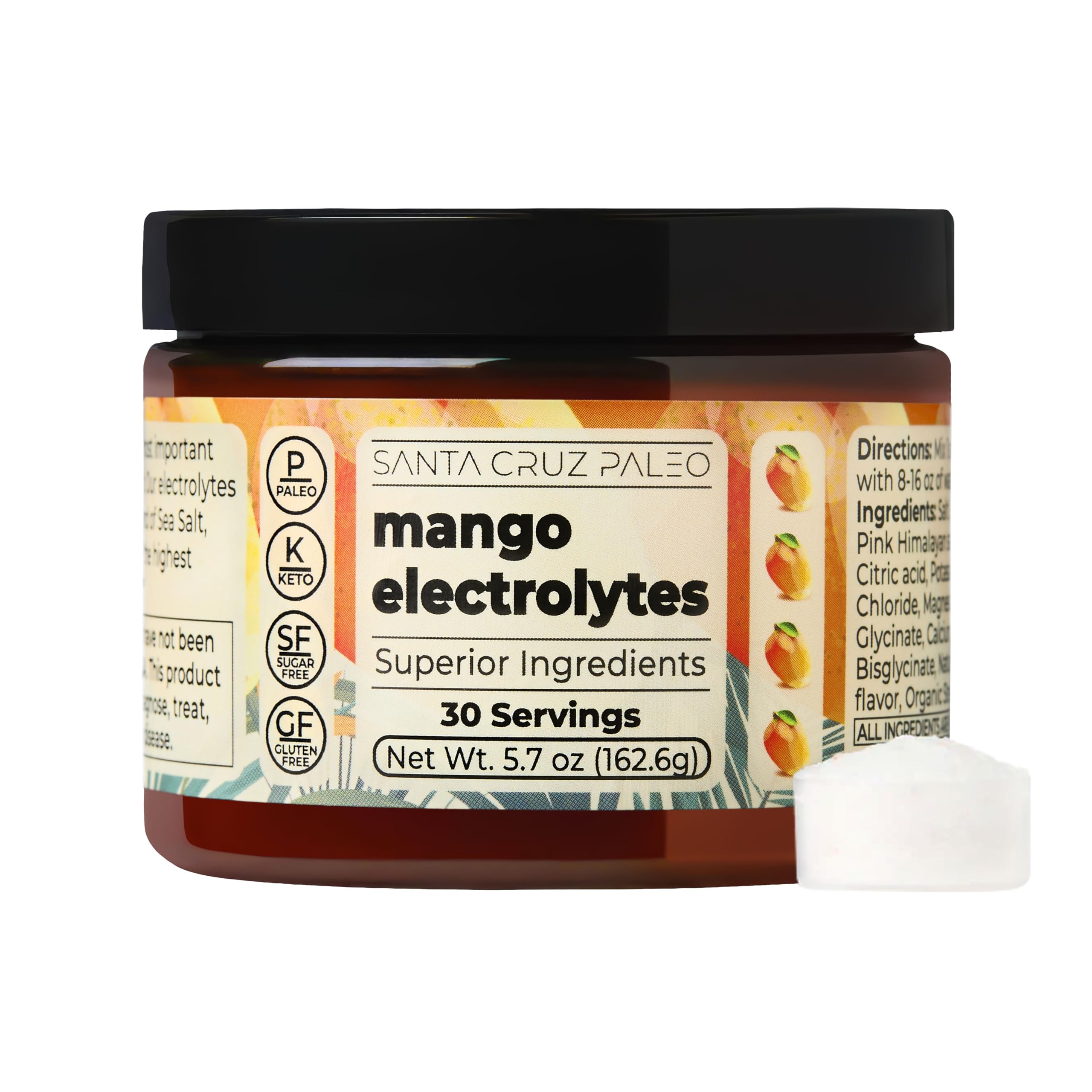 Santa Cruz Paleo Electrolyte Powder, Mango Flavor, Sugar Free Hydration Drink Mix with Himalayan Pink Salt, Sea Salt, Magnesium Glycinate, Potassium Chloride, Sweetened with Stevia, 30 Servings