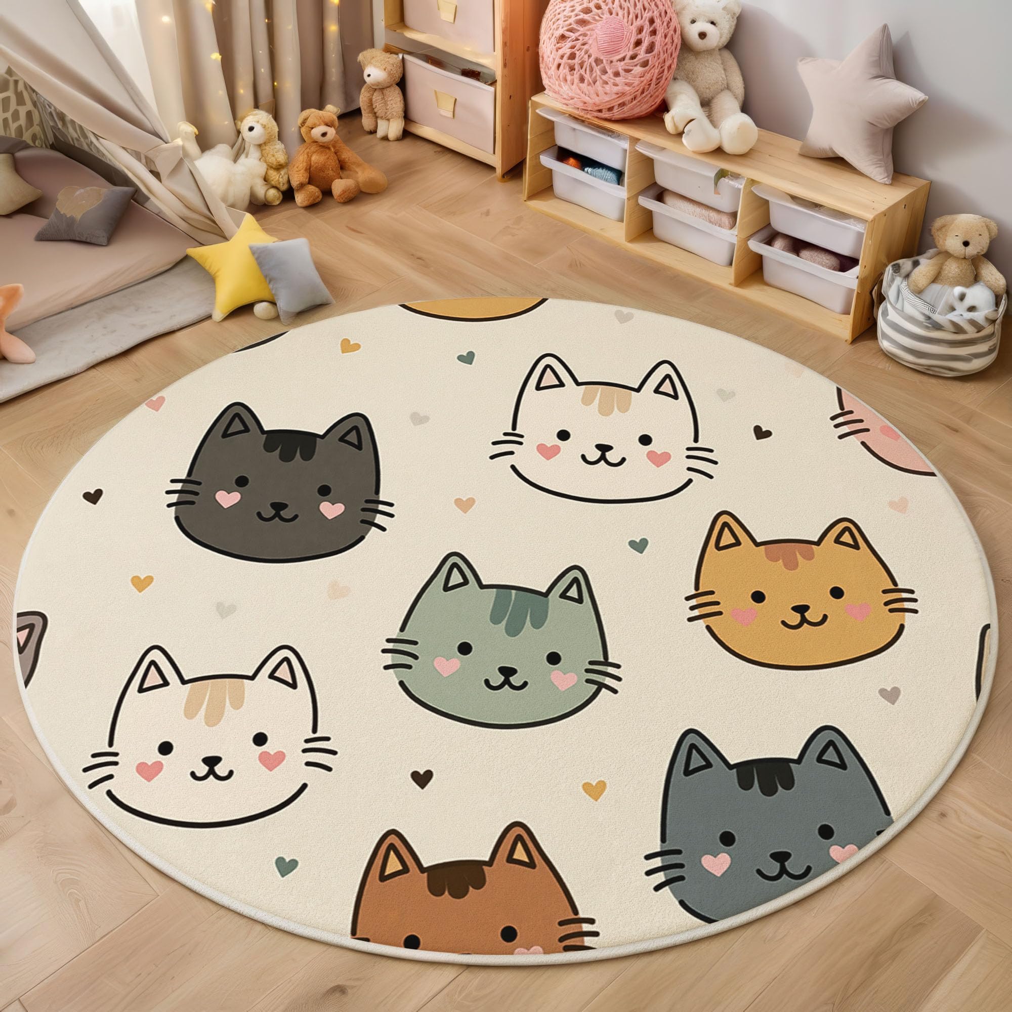 Tapis rond enfant 80 cm chat beige lavable et antidérapant pour chambre