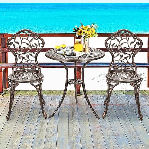 Miniatura 2 de Tangkula Juego de 3 piezas de bistró para exteriores, juego de muebles de patio con marco de aluminio fundido resistente al óxido, mesa y sillas