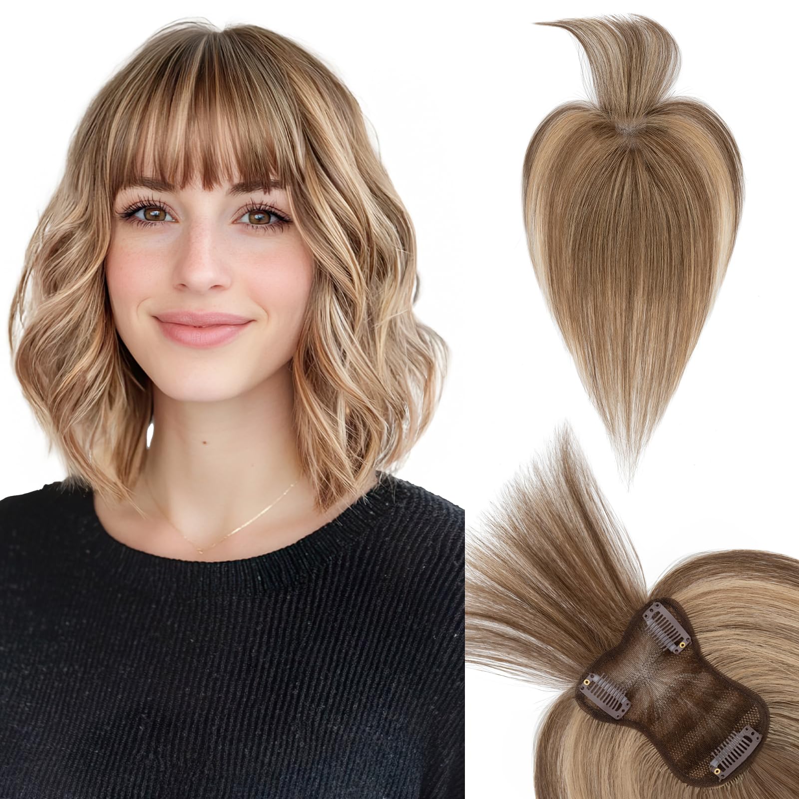 SEGOHAIR Human Hair Topper with Bangs 360°3D Coverage Hand-stitched Hair Thinning Toppers Clip in Bangs Natural for Women Breathable 11inch Chocolate Brown with Honey Blonde 20g