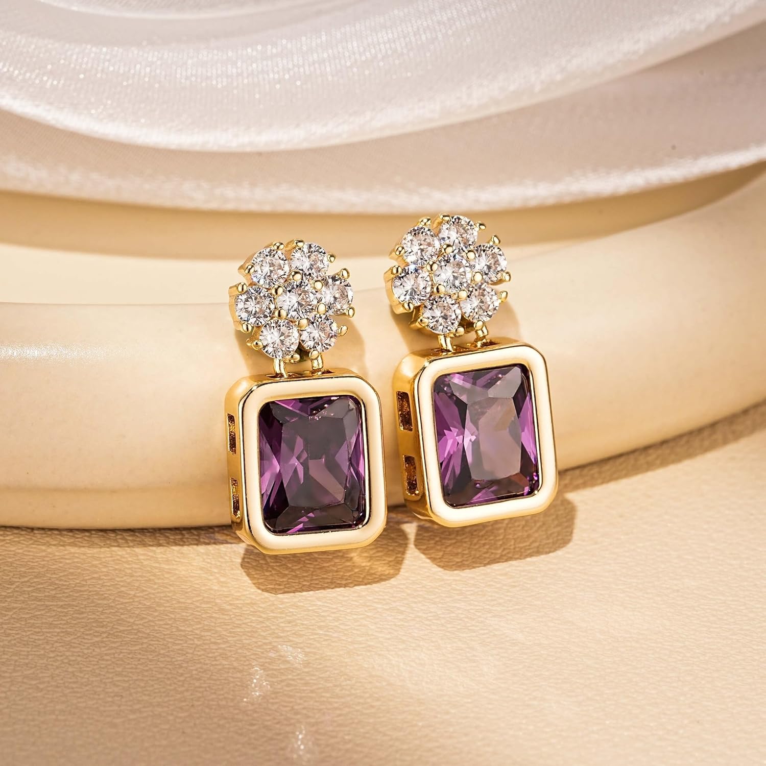 EVEVIC Austrian Crystal Square Drop Flower Studs Earrings for Women 14K Gold Plated Dangle Earring Jewelry Gifts - Image 3