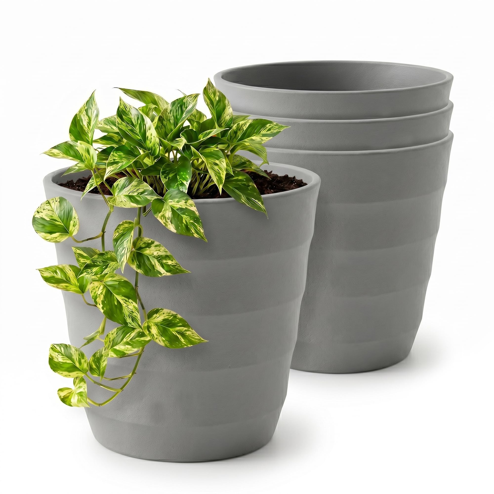 Lizzy Ribbed Design Plant Pots 13cm Pack of 4 Decorative Plastic Flower Pots Indoor Outdoor Planters Modern Ribbed Texture Plant Containers for Home Garden Patio Windowsill - Light Grey