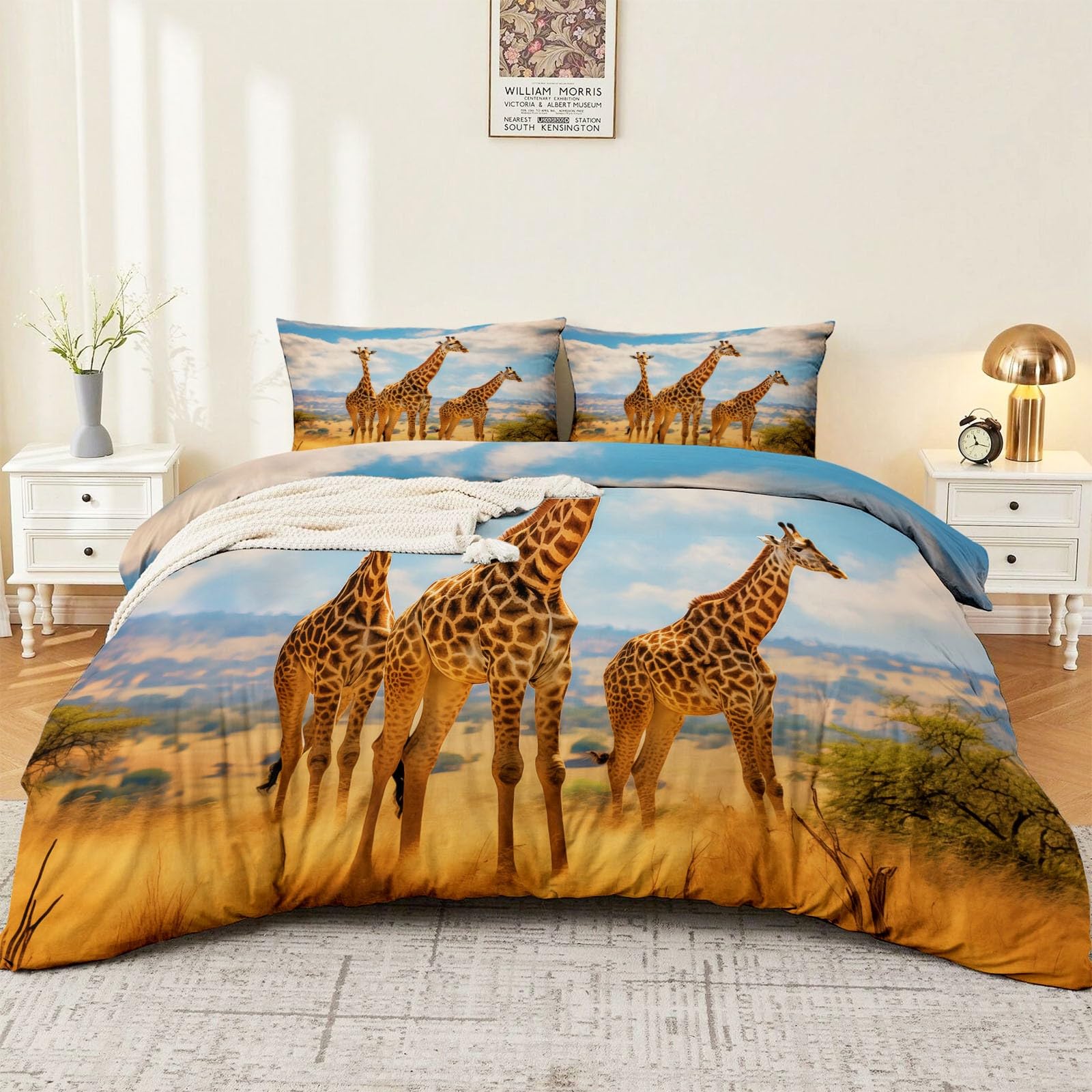 Generisch Wende Bettwäsche Set 155 x 220 cm, Weiche Mikrofaser Wildtiere Grasland Bettbezug Set, 3-teilige Bettwäsche mit Reißverschluss und Vier Eckleisten, Pflegeleicht Bügelfrei, Blau