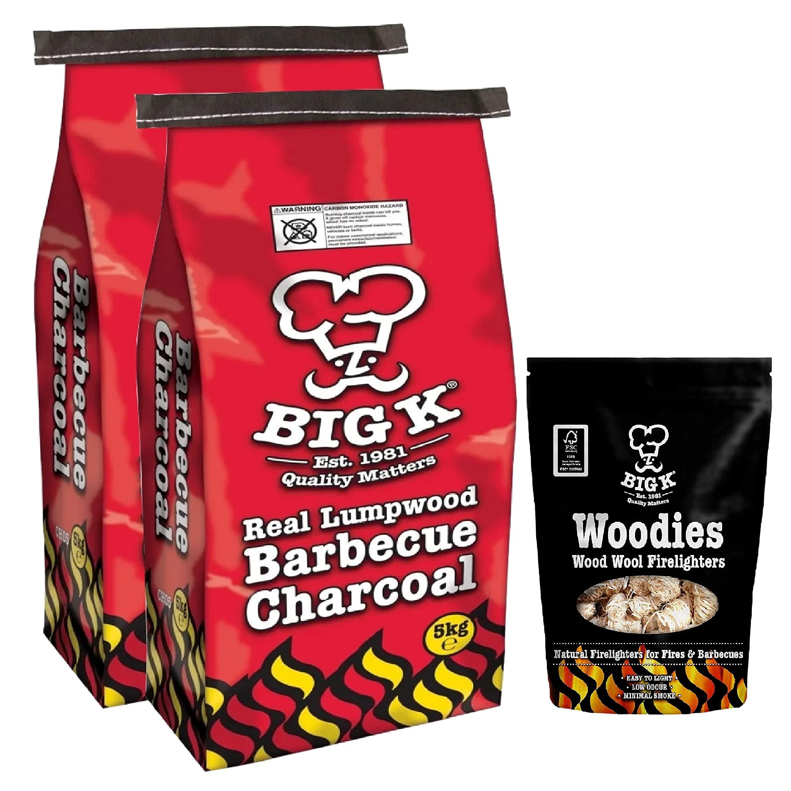 Big K BBQ Grill Charcoal Bulk - Pack of 2 x 5kg Real Lumpwood Charcoal Bags & 300g Woodies Wood Wool Natural Firelighters with Topline Card for Outdoor Barbeque, Fire Pit, Camping BBQs.