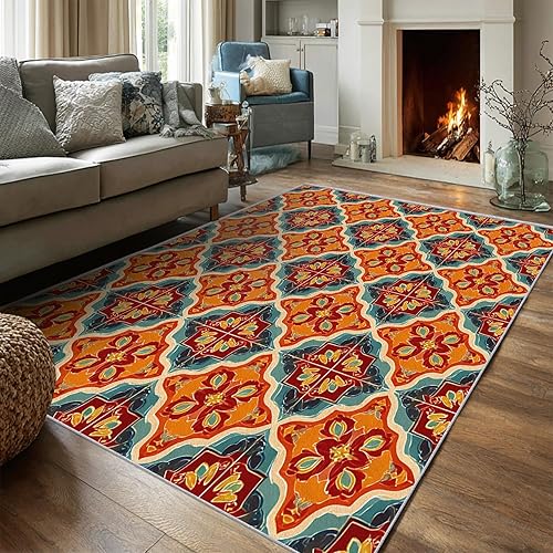 Miniatura 4 de 70s Retro Rug 3x5 Abstract Orange Floral Pattern, Washable Living Room Bedroom Area Rugs, 70s Retro Decor for Home, Soft Non Slip Indoor Carpet, Low