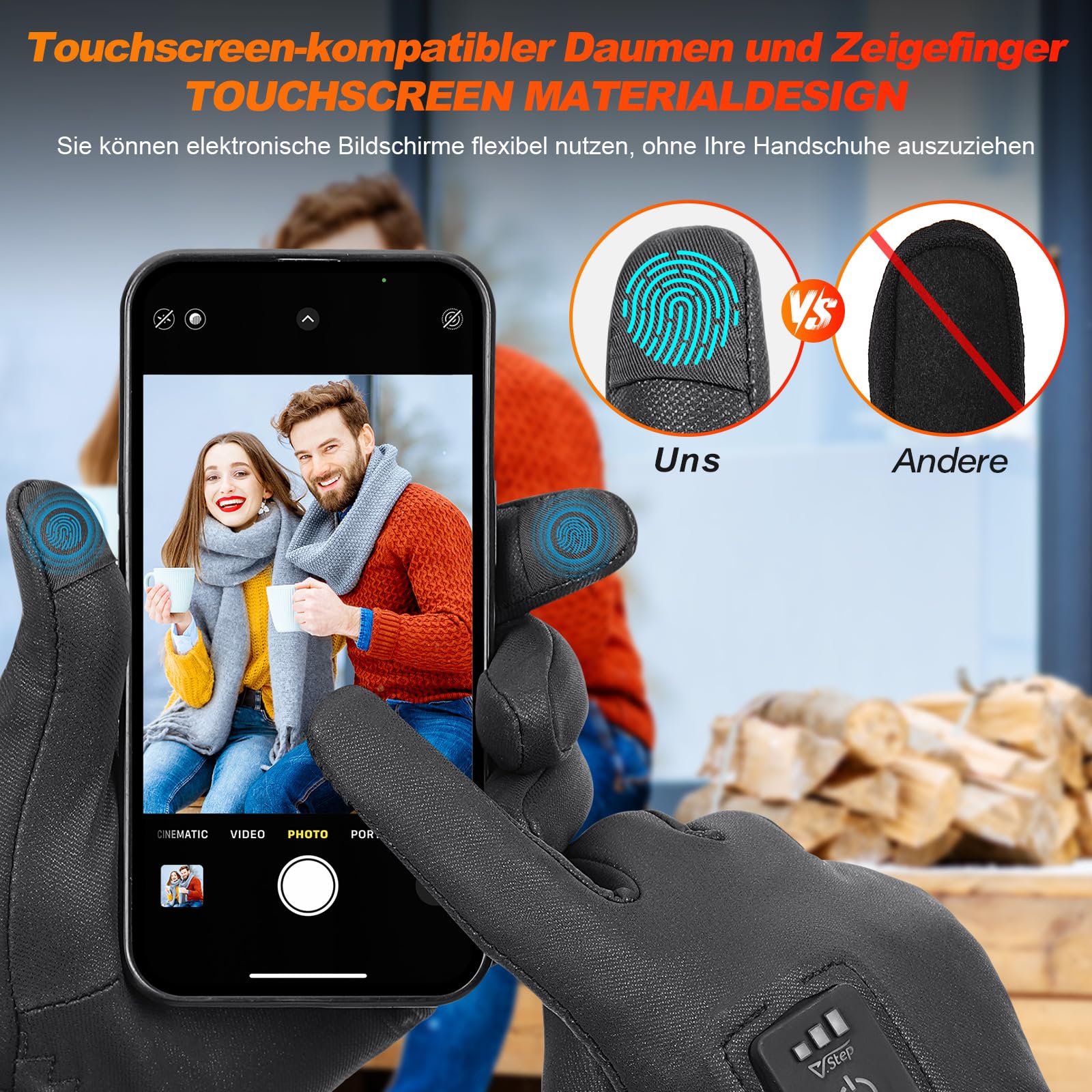 V.Step Beheizbare Handschuhe Herren Damen，Wiederaufladbar beheizte Handschuhe Dünne mit 7.4V Akku Touchscreen Winddicht, Winter Wärmende handwärmer für Ski Fahrrad Snowboard Outdoor S