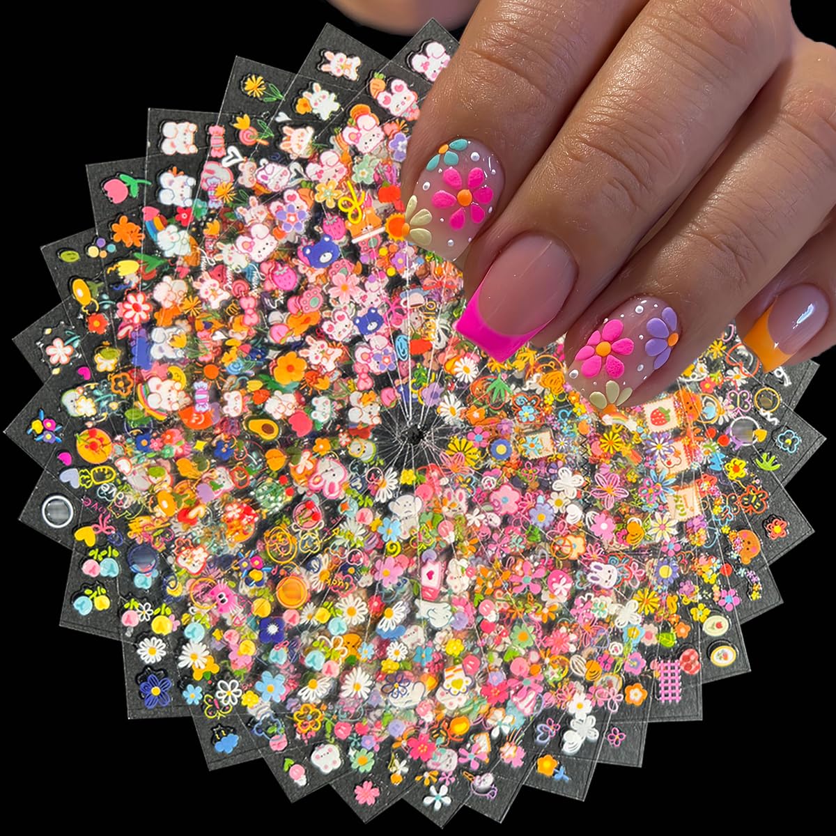 30 Sheets Flower Nail Stickers 3D Self-Adhesive Flowers Nail Decals Colorful Bunny Nail Art Sticker Animal Floral Design Nail Art Supplies Accessories for Women DIY Nail Decoration Tips