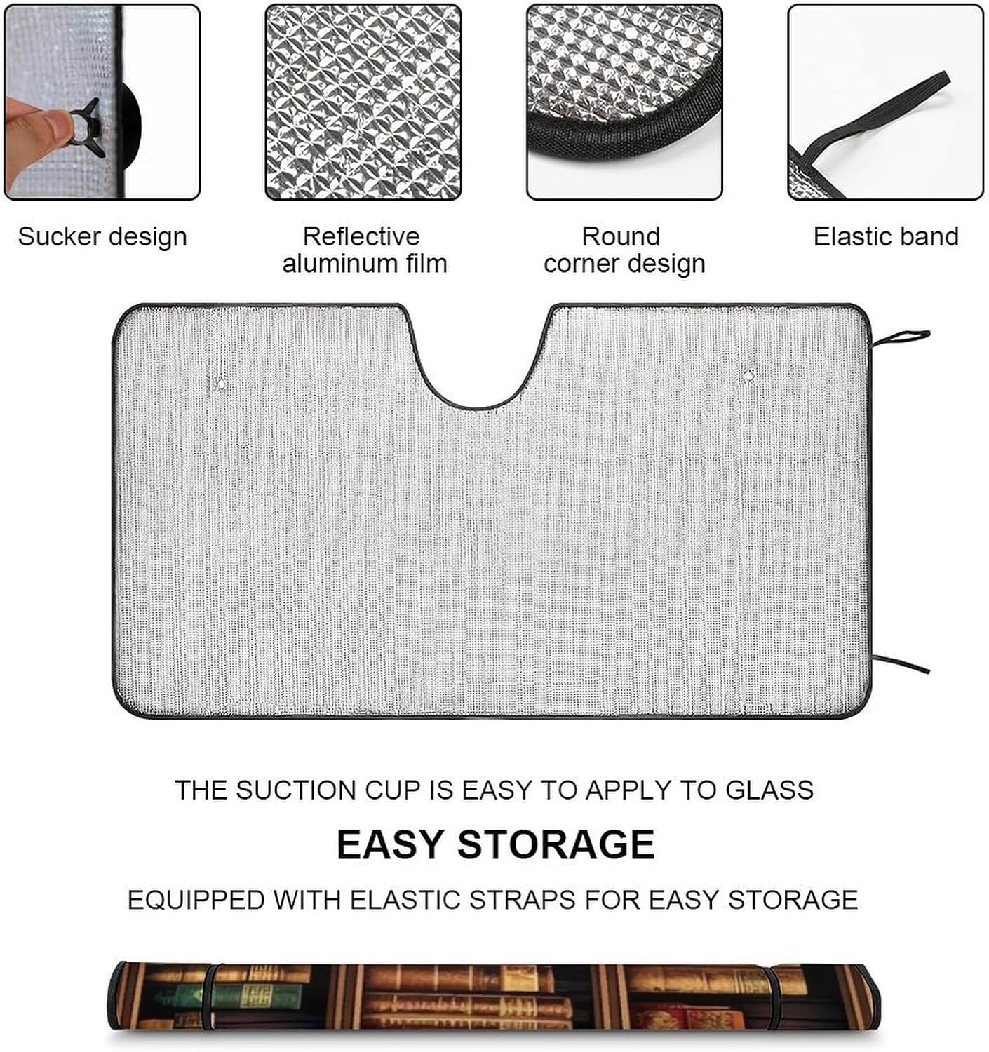 Universal Car Windshield Sun Shade 55"x30", Foldable Library Bookshelf Book Car Shades for Front Windows, 4 Suction Cups, Reflective Sunshade Sun Visor for Sun Heat & UV Rays, Fit for Cars Trucks Suvs image 3